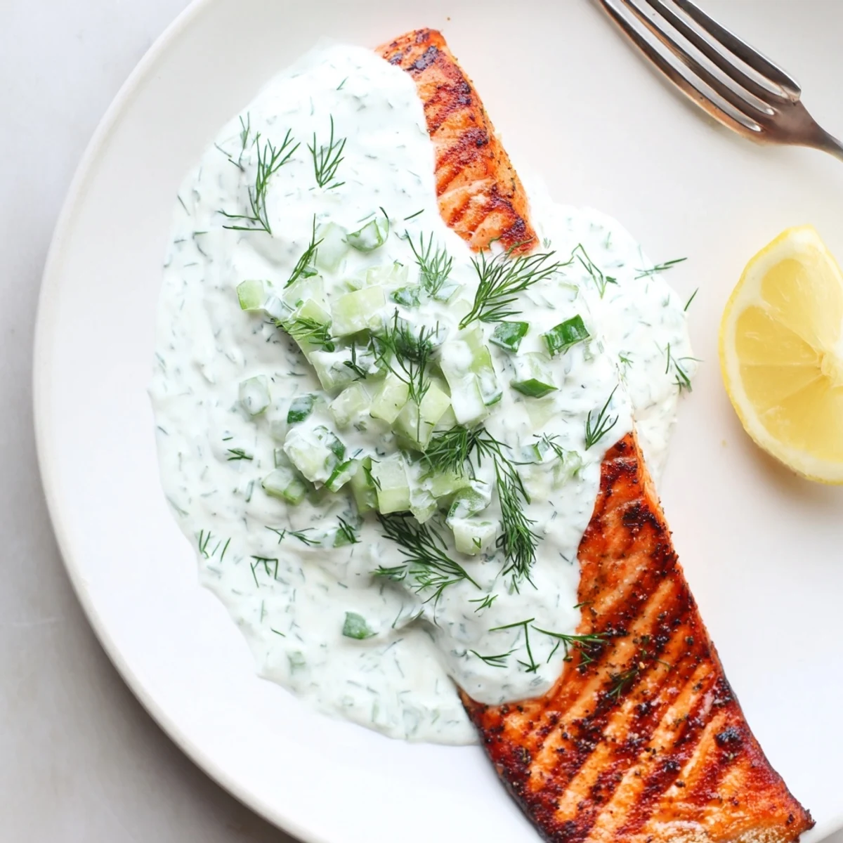 Fresh lemon herb grilled salmon served with cooling cucumber dill sauce on a white plate