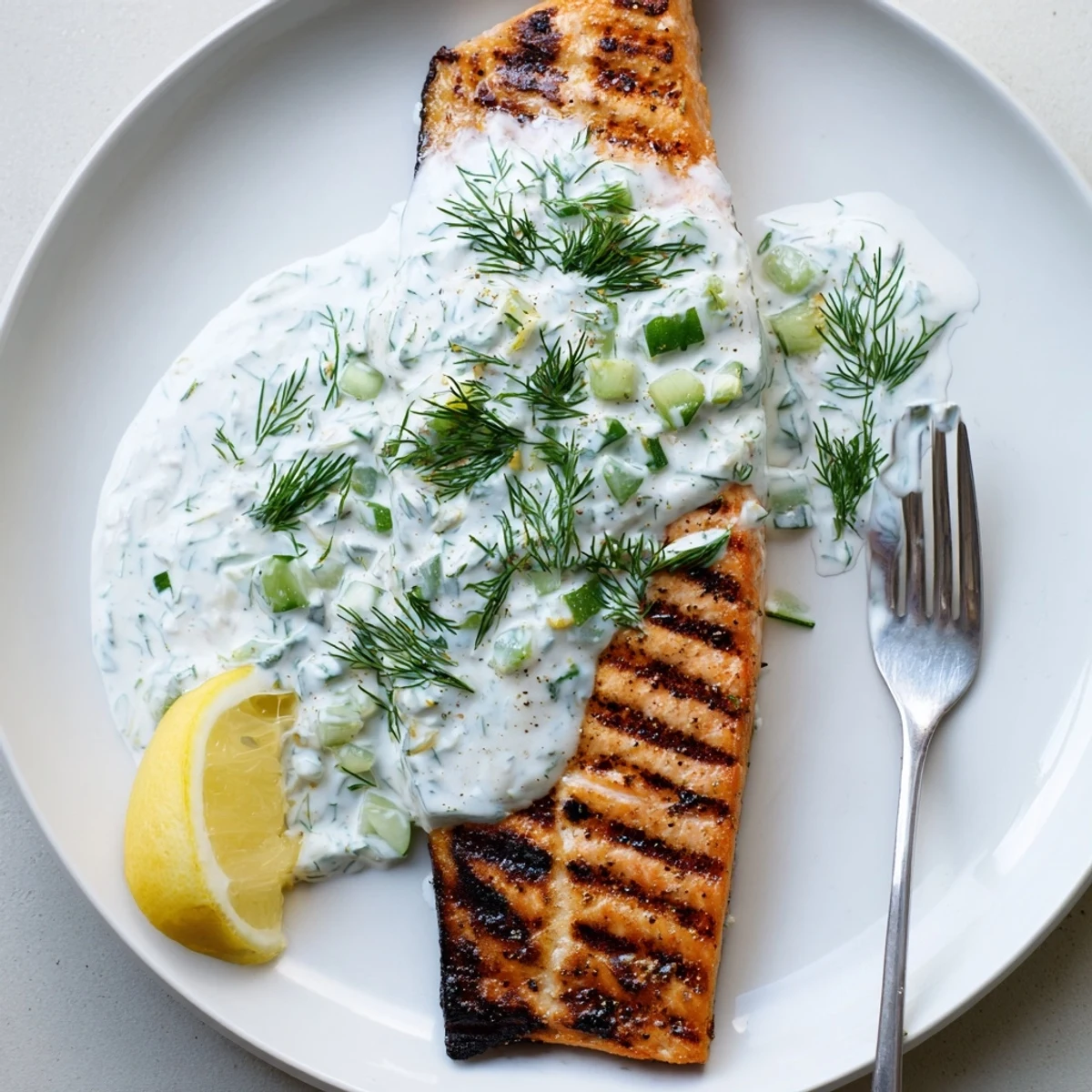 Perfectly grilled salmon with bright citrus herbs and a side of refreshing cucumber dill sauce