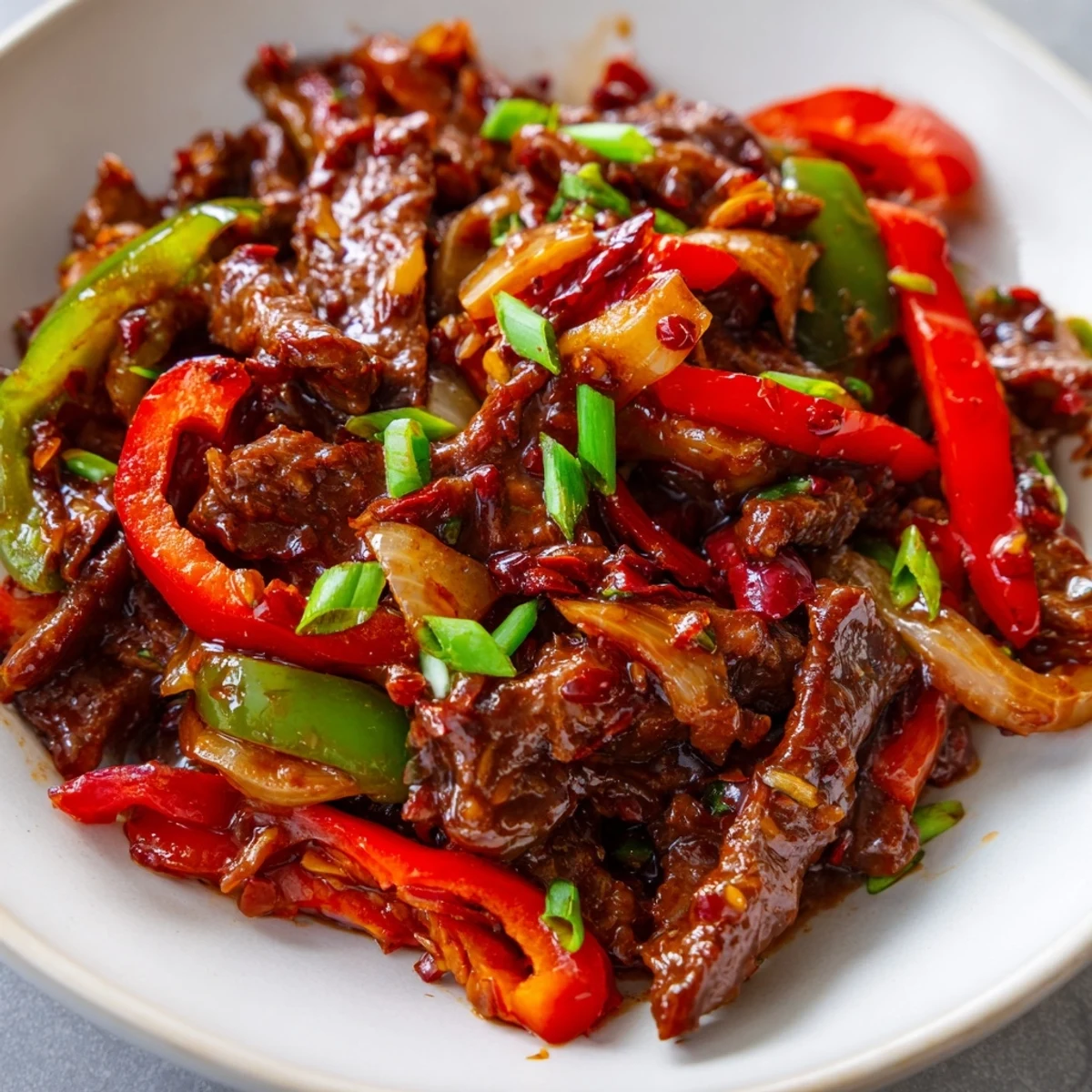Sizzling spicy beef stir fry with chili garlic featuring colorful bell peppers and tender sliced beef