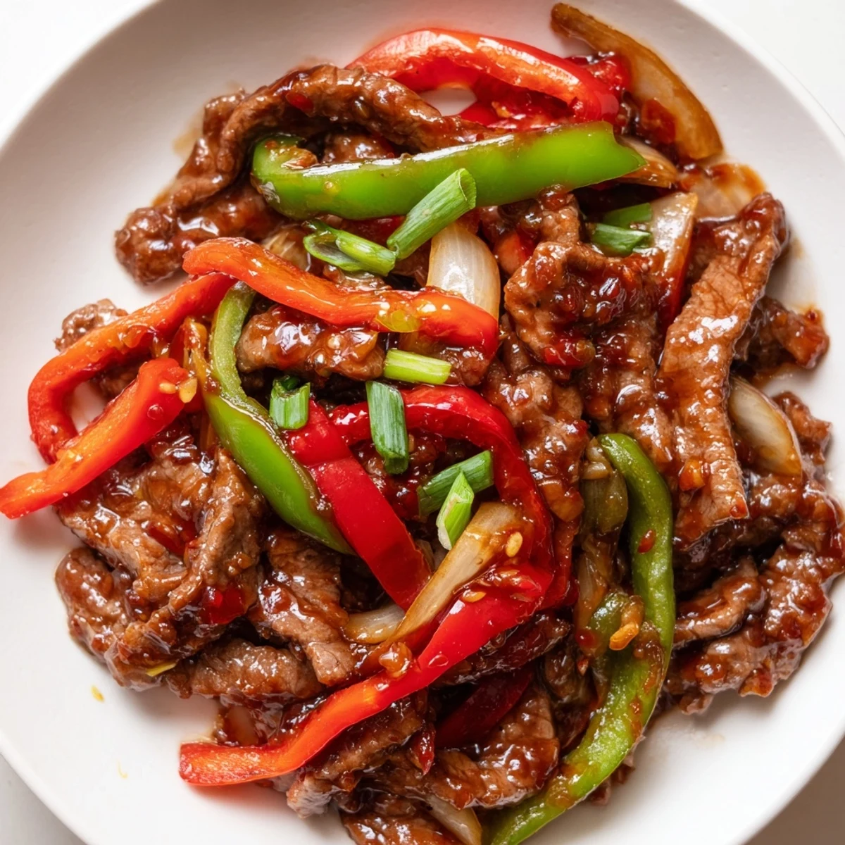 Golden spicy beef stir fry with chili garlic sauce served over fluffy white jasmine rice