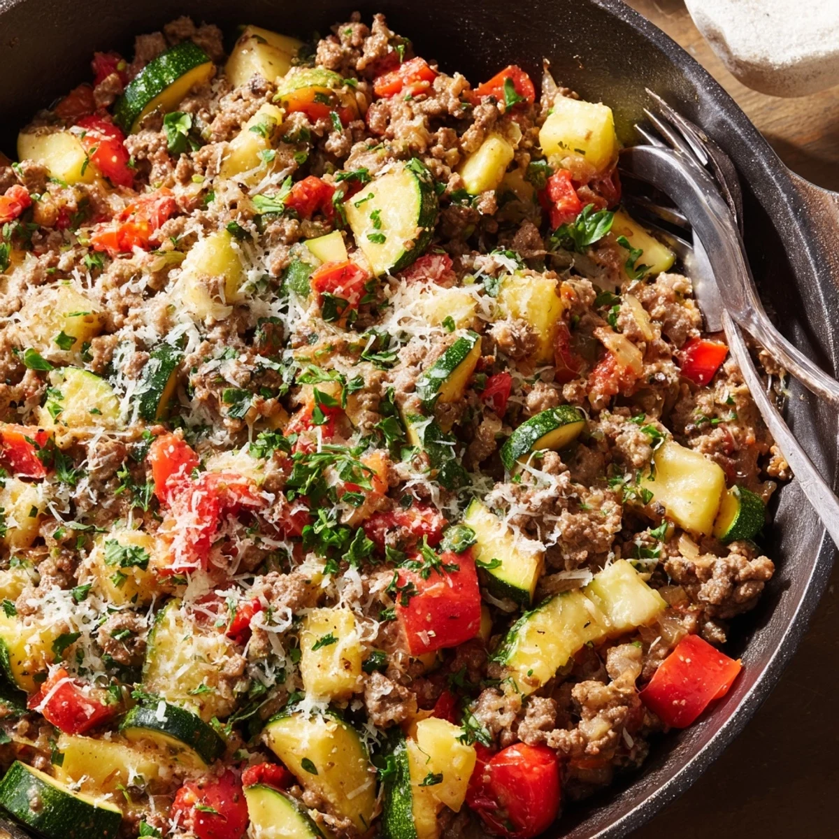 Savory ground beef zucchini skillet with tender vegetables simmered in a cast iron pan