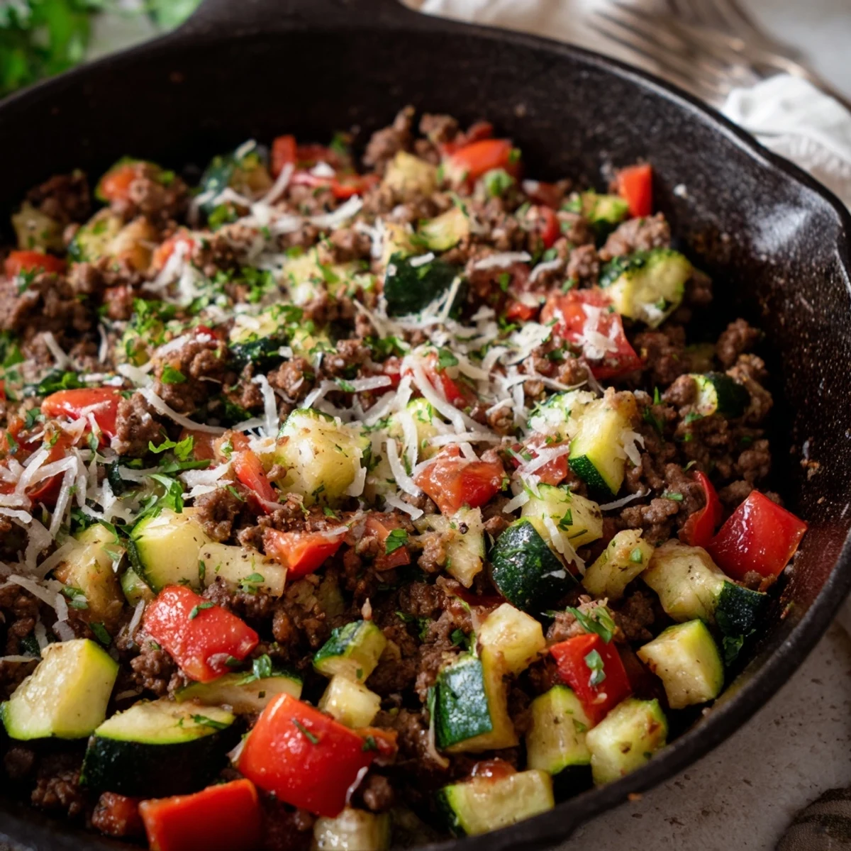 One-pan ground beef zucchini skillet featuring melted cheese and fresh parsley garnish