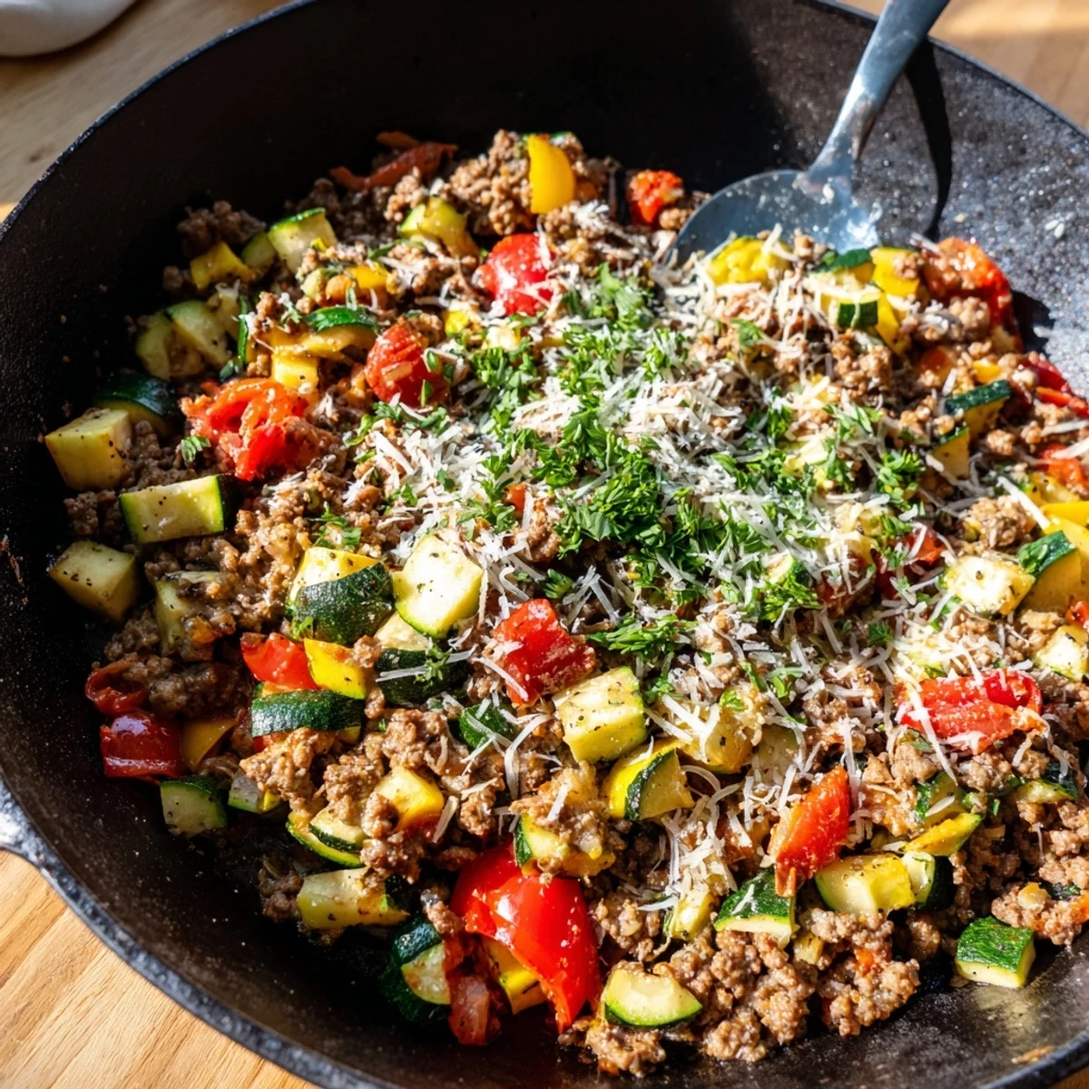 Hearty ground beef zucchini skillet served steaming hot with colorful diced vegetables