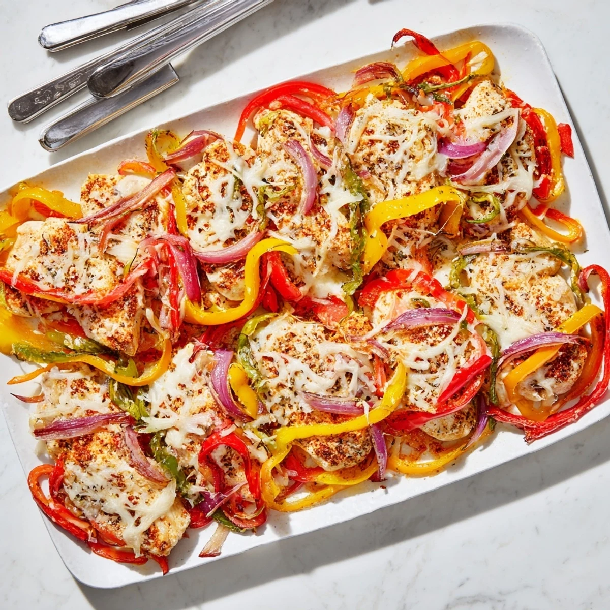 Golden cheesy baked chicken breast and peppers fresh from the oven with melted mozzarella