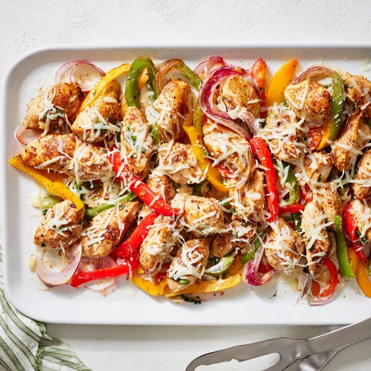 Baked chicken breast nestled among colorful bell peppers topped with bubbling golden cheese