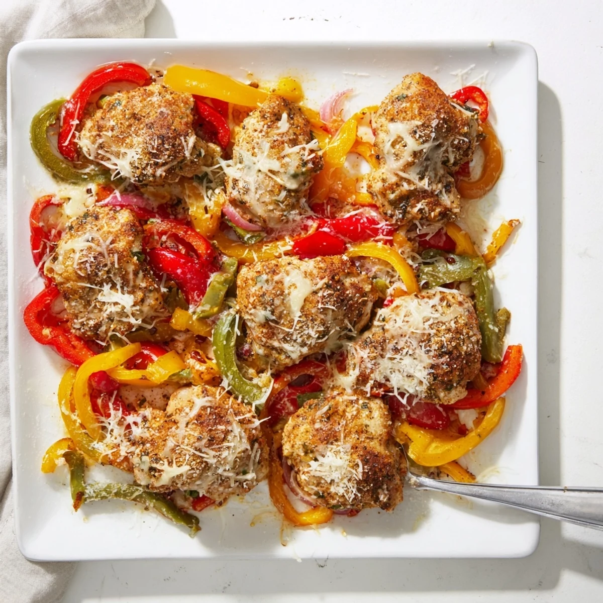 Tender cheesy baked chicken breast with peppers ready for a family dinner table