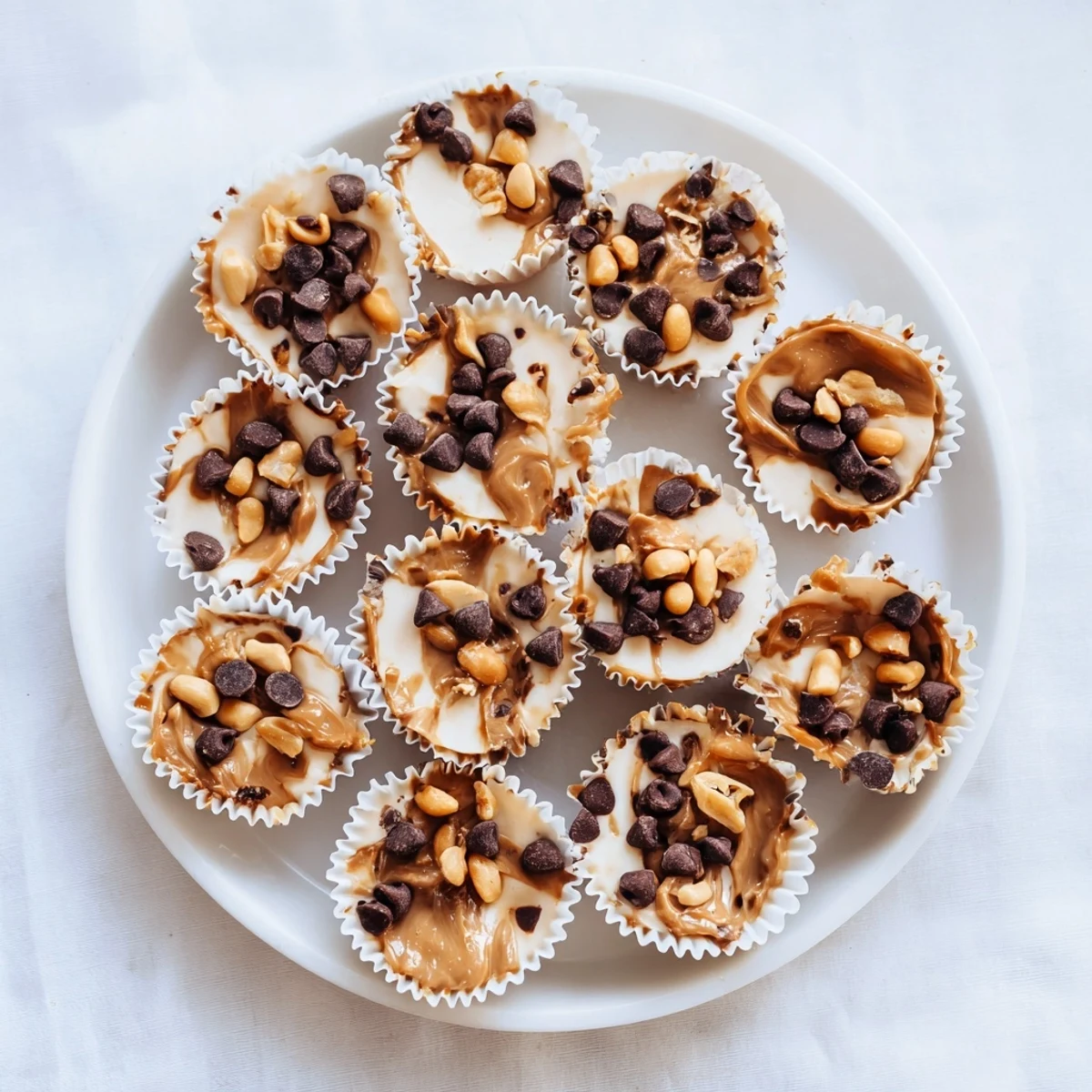 Creamy frozen peanut butter Greek yogurt bites topped with melted dark chocolate and crushed peanuts in a mini muffin tin