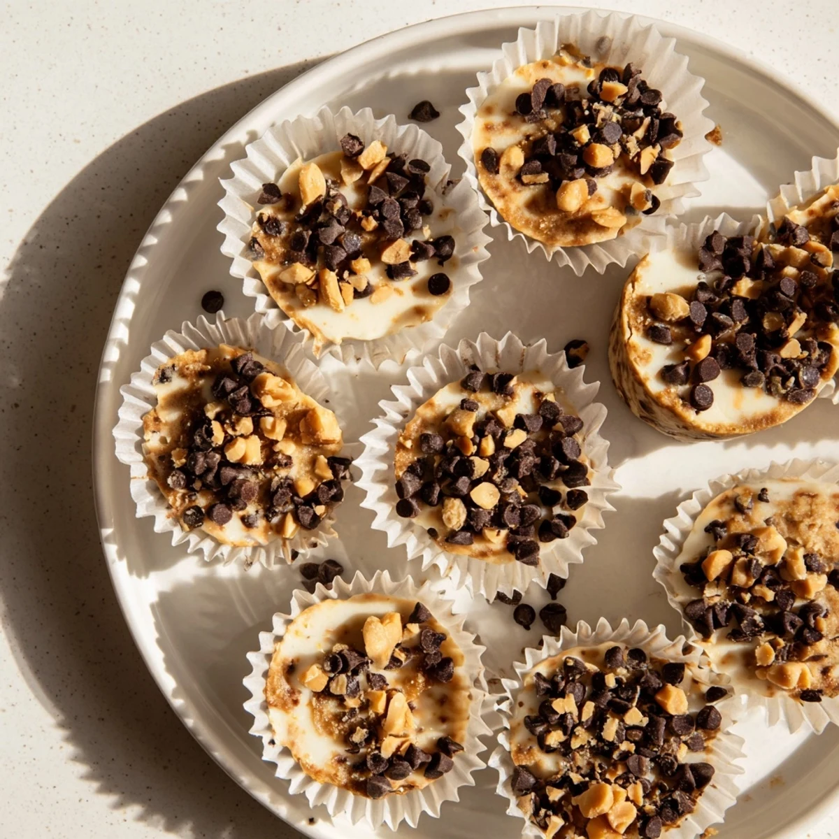 Close-up of frozen peanut butter Greek yogurt bites showing smooth texture with chocolate chip and peanut toppings