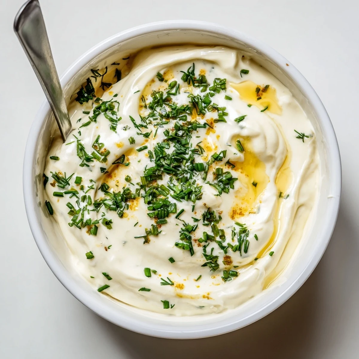 Creamy Hot Honey Ranch Dip in bowl, drizzled with extra honey, served with veggies