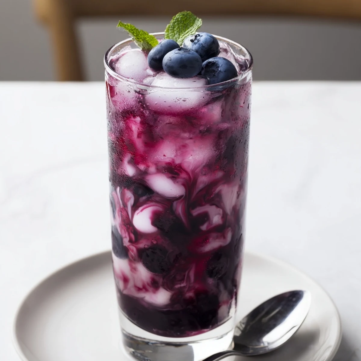 Creamy Blueberry Milk Tea Cooler with sweet tart syrup and fresh blueberries  