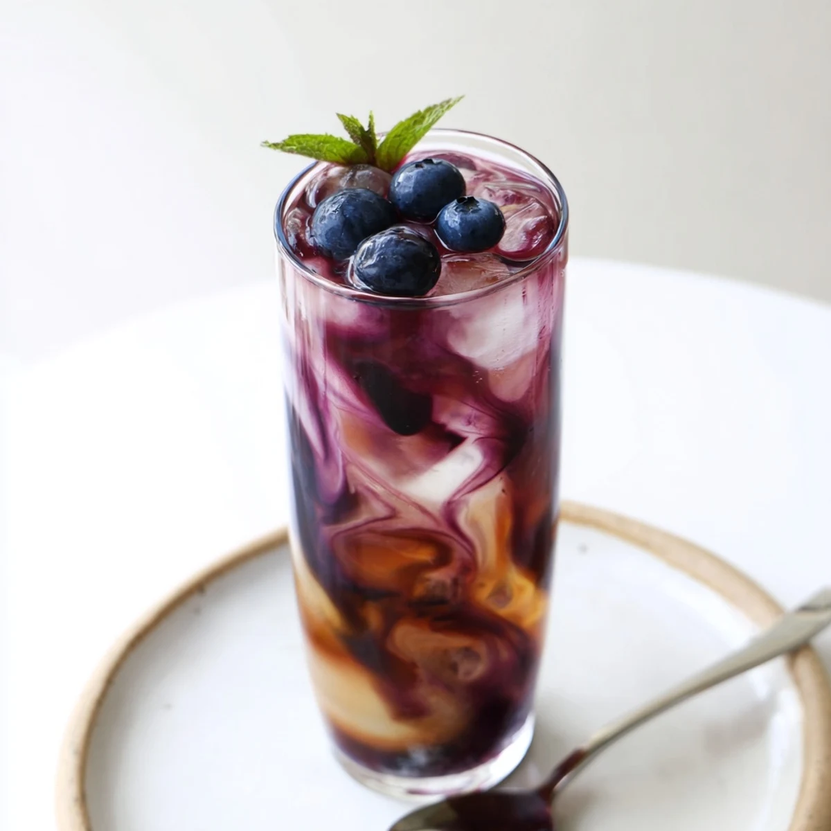 Blueberry Milk Tea Cooler in tall glass, iced, garnished with mint  