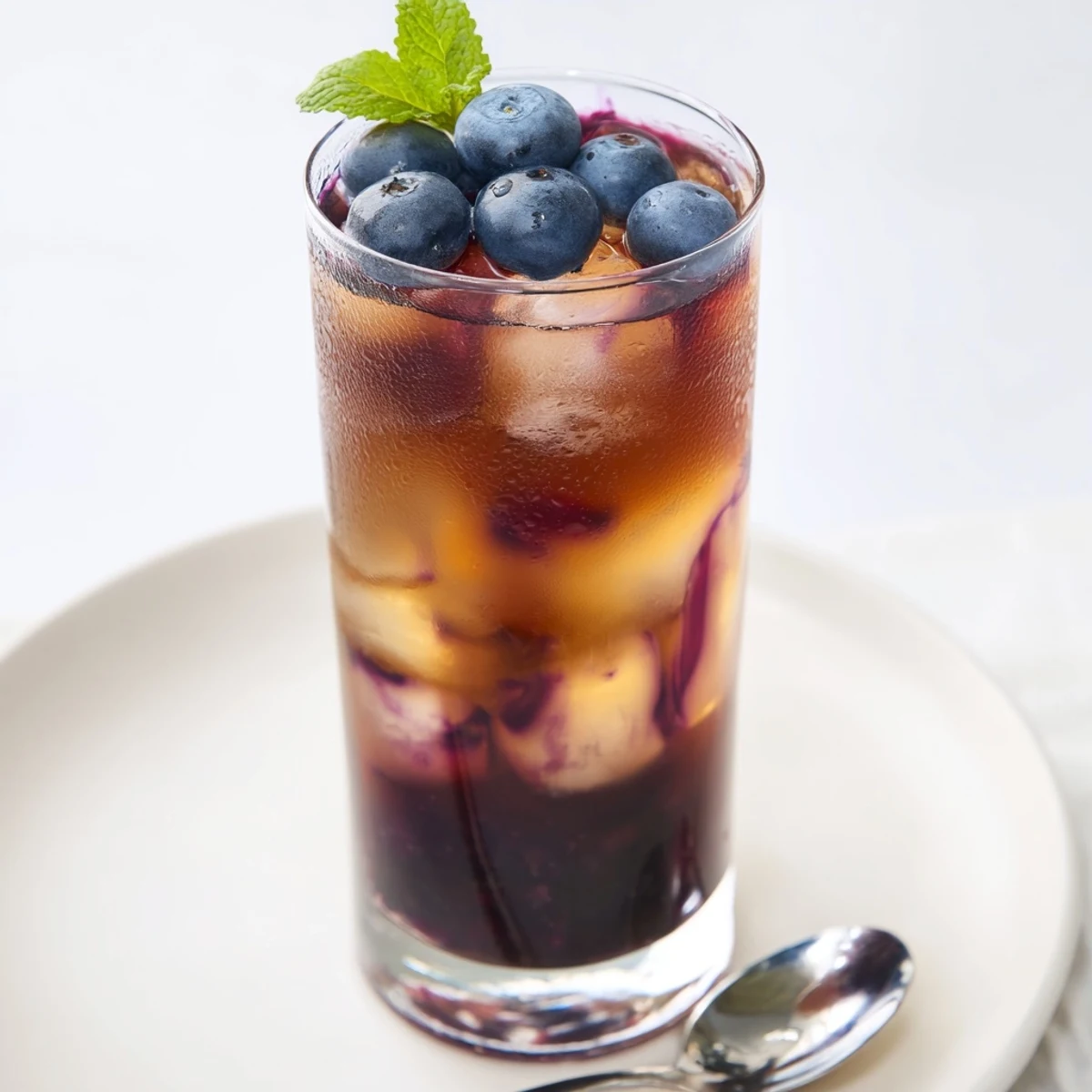 Homemade Blueberry Milk Tea Cooler, shaken with black tea, ice, honey