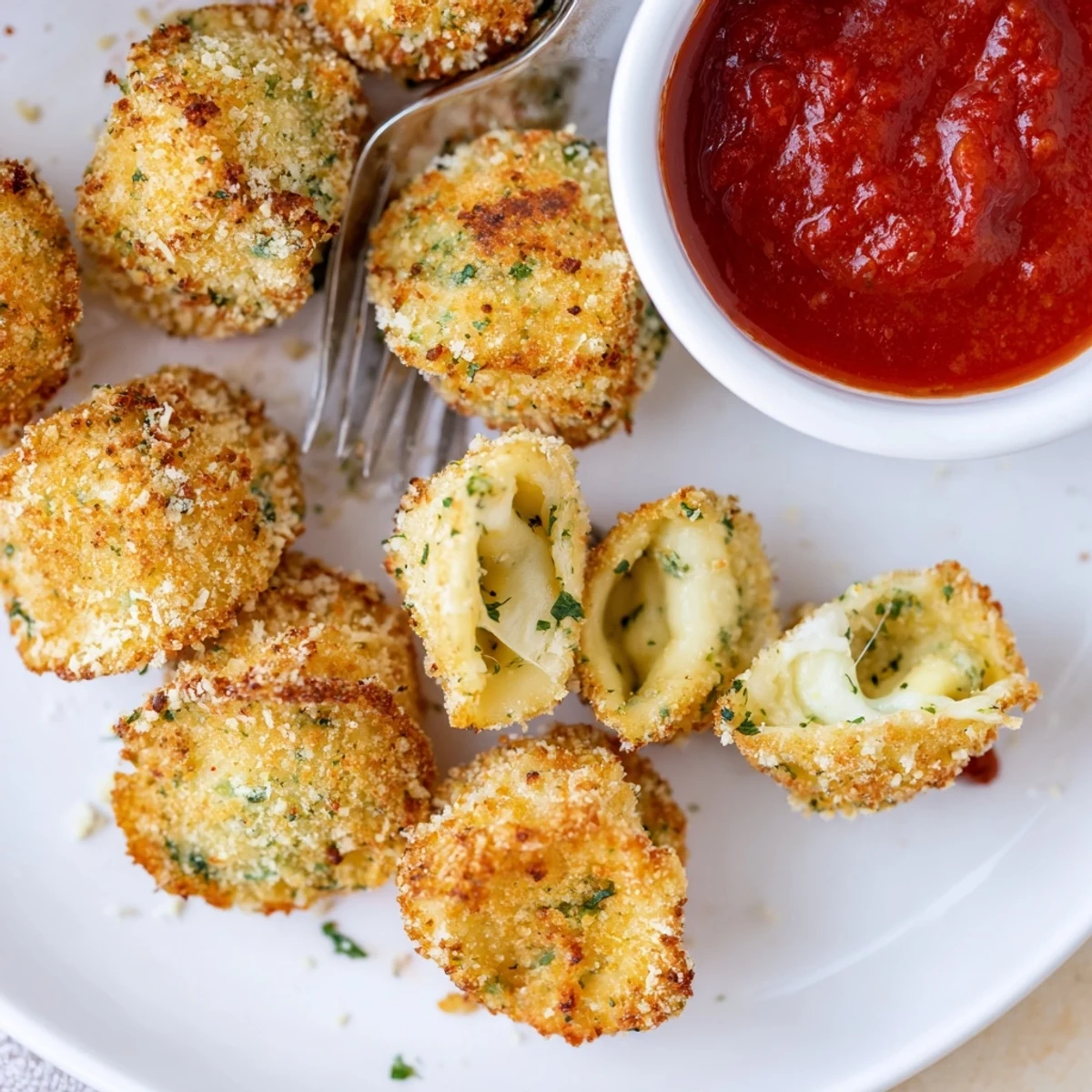 Golden, crispy cheese bites of Crispy Tortellini Party Snacks Recipe served with marinara