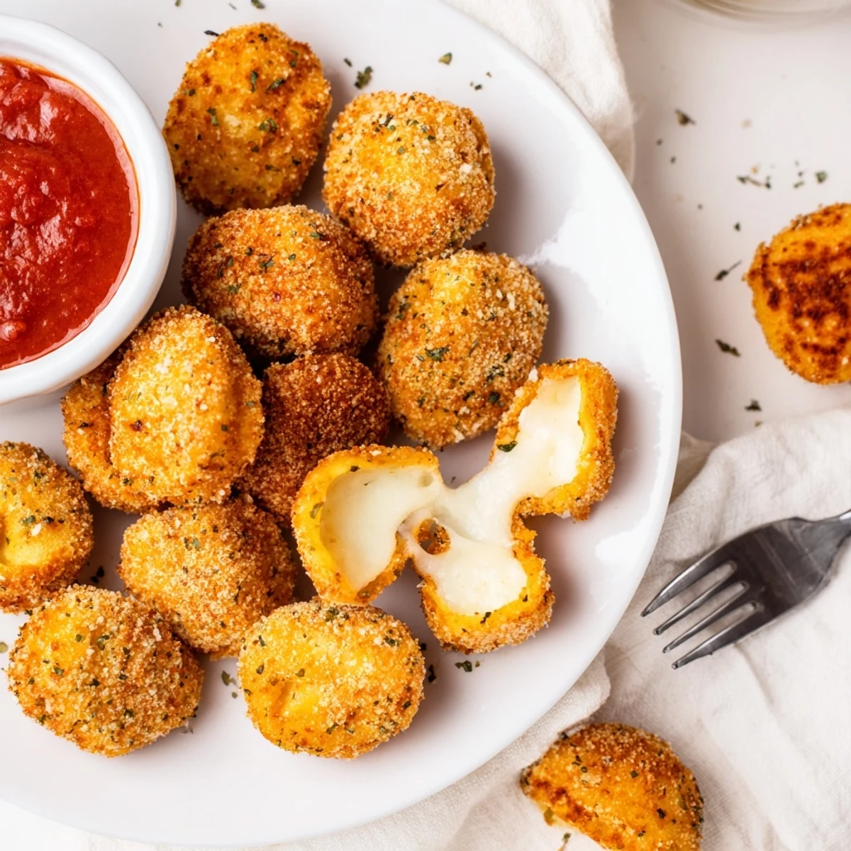 Warm, cheesy center contrasts with golden exterior in Crispy Tortellini Party Snacks Recipe