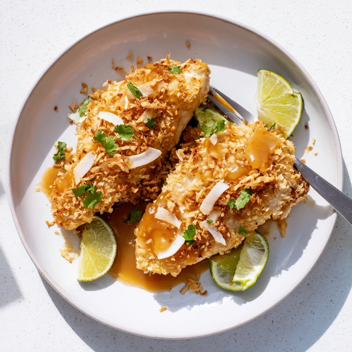 Coconut Chicken With Apricot Sauce served hot over jasmine rice, cilantro garnish.