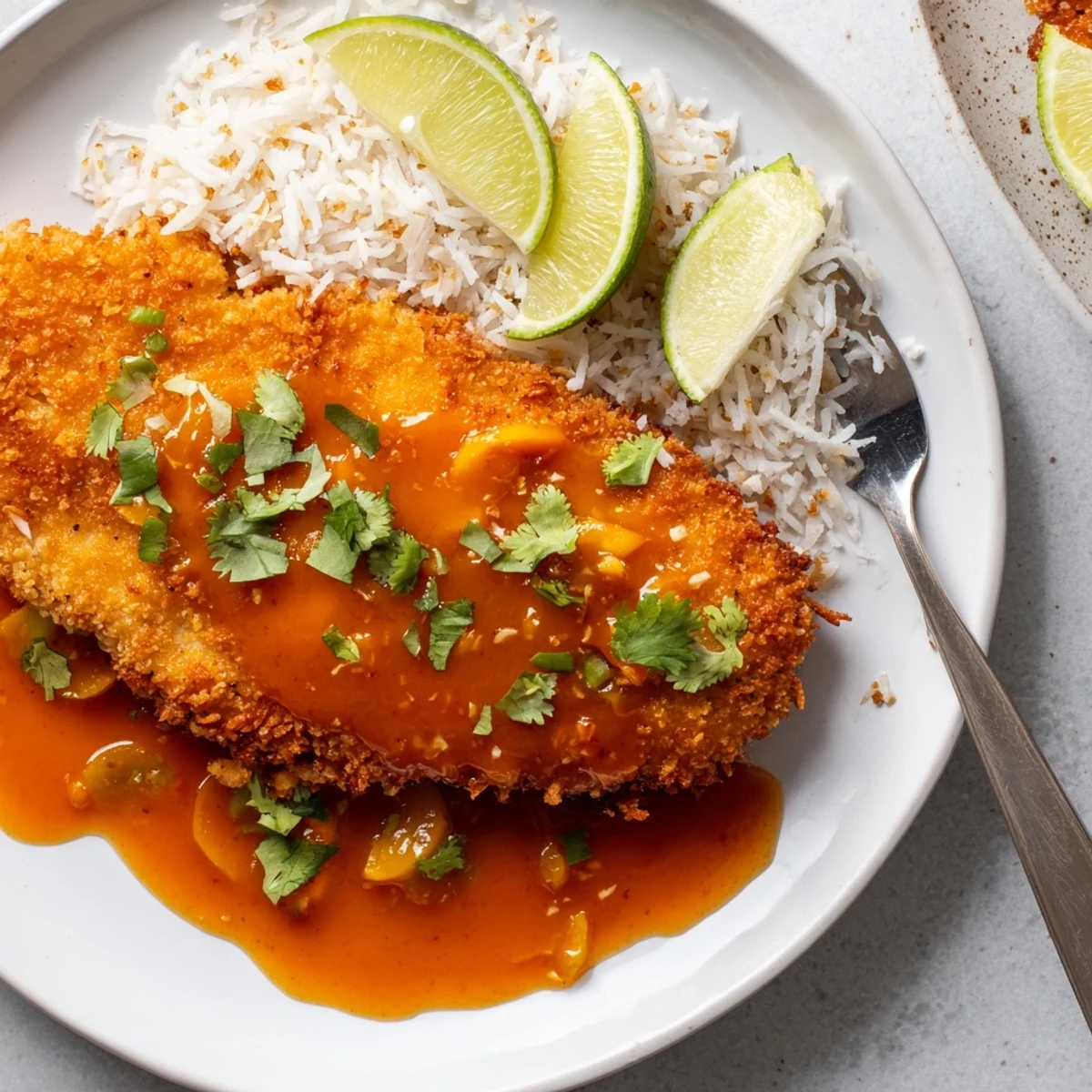 Coconut Chicken With Apricot Sauce, golden crust glistening, drizzled with sticky sauce.