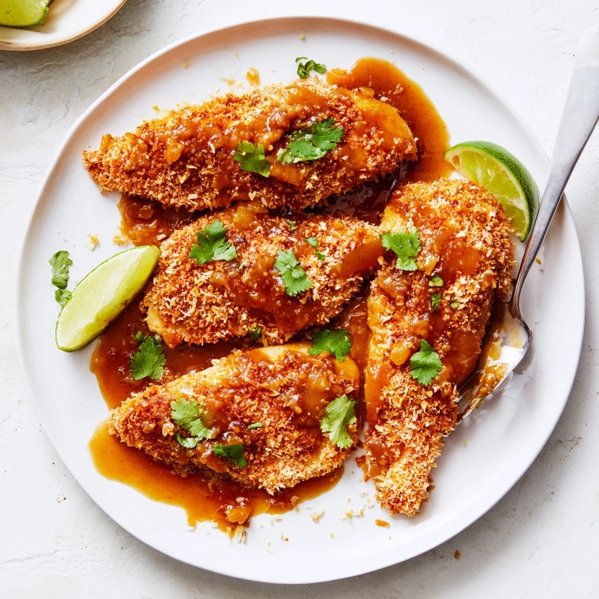 Coconut Chicken With Apricot Sauce crispy exterior, tender interior, lime wedge beside.