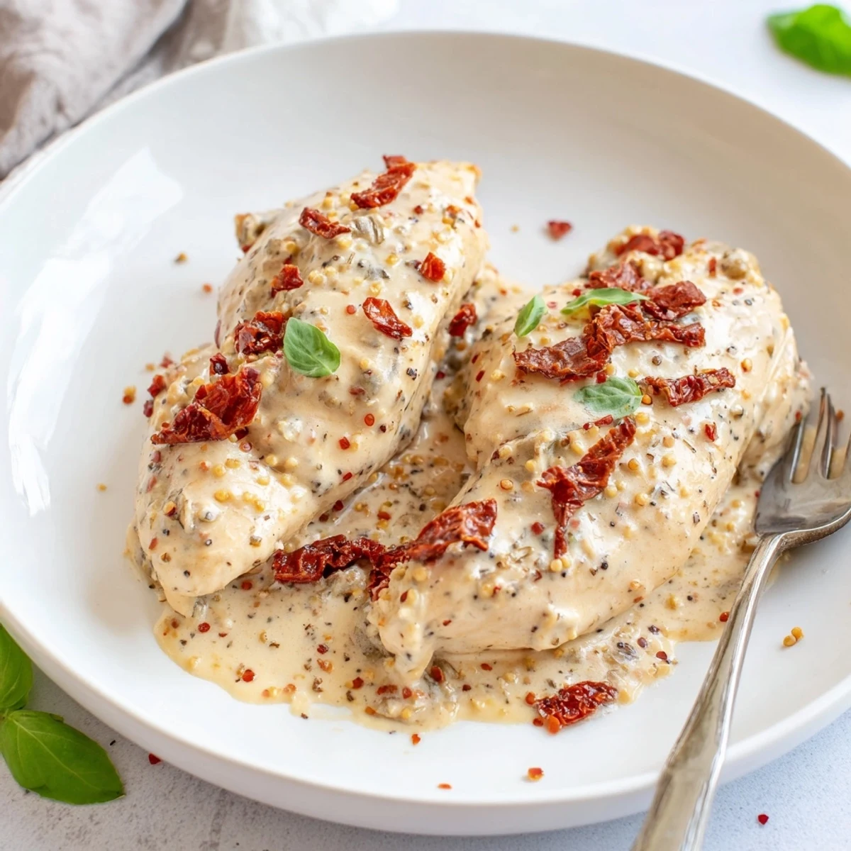 Savory Dump And Go Crockpot Marry Me Chicken scattered with sun dried tomatoes