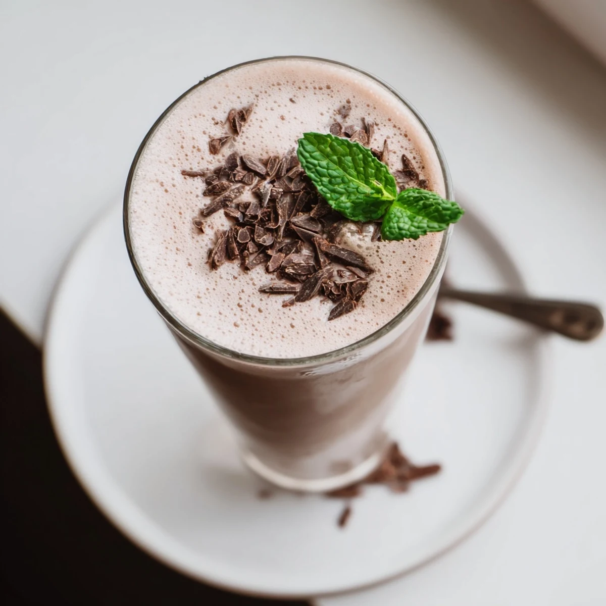 Creamy Peppermint Protein Shake Recipe in tall glass, frothy and chilled.