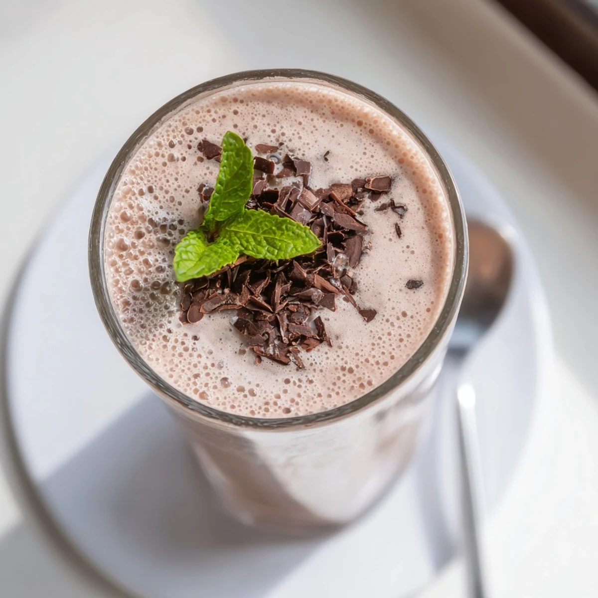 Icy, minty Peppermint Protein Shake Recipe poured from blender, ready to sip.