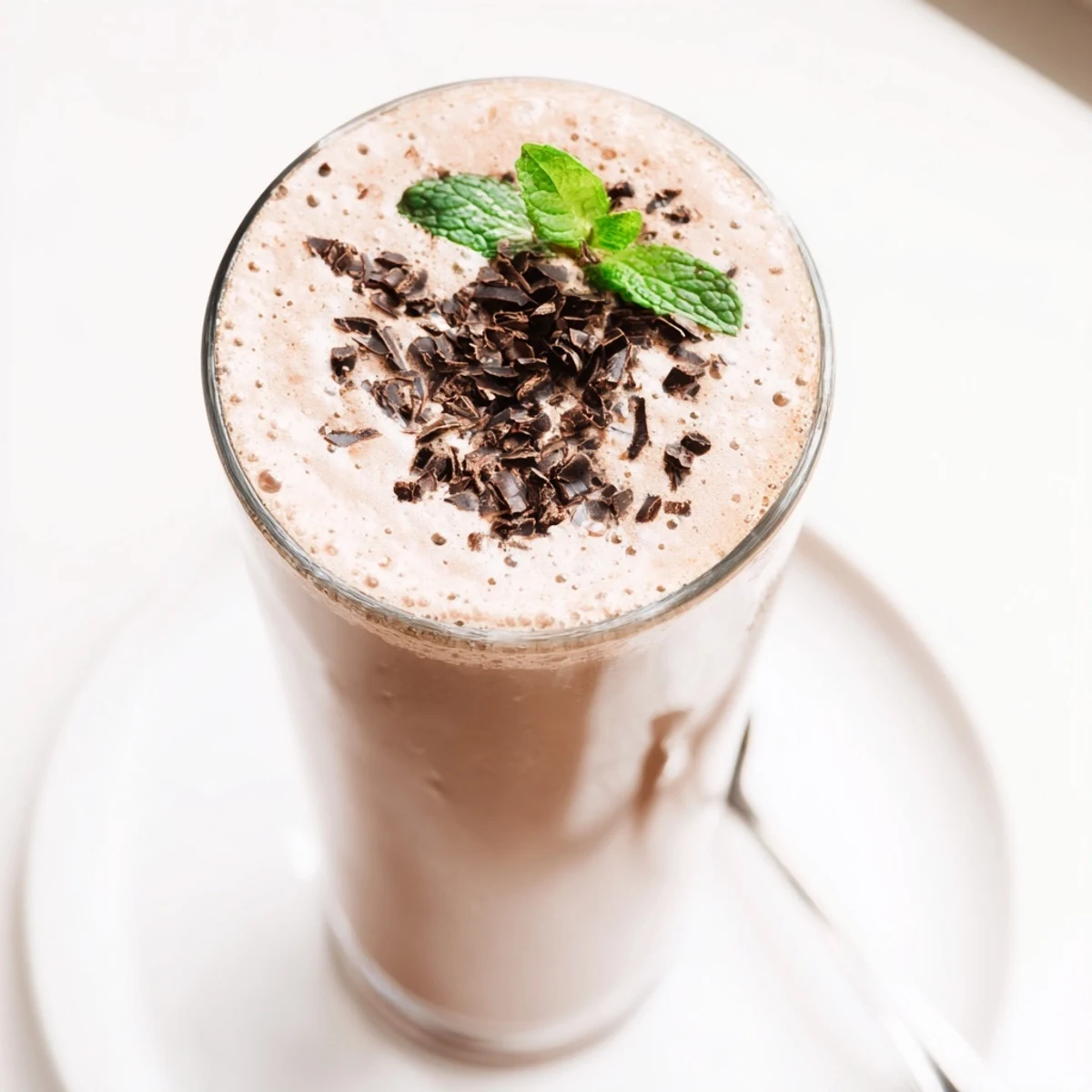 Post-workout Peppermint Protein Shake Recipe with mint garnish and chocolate shavings.