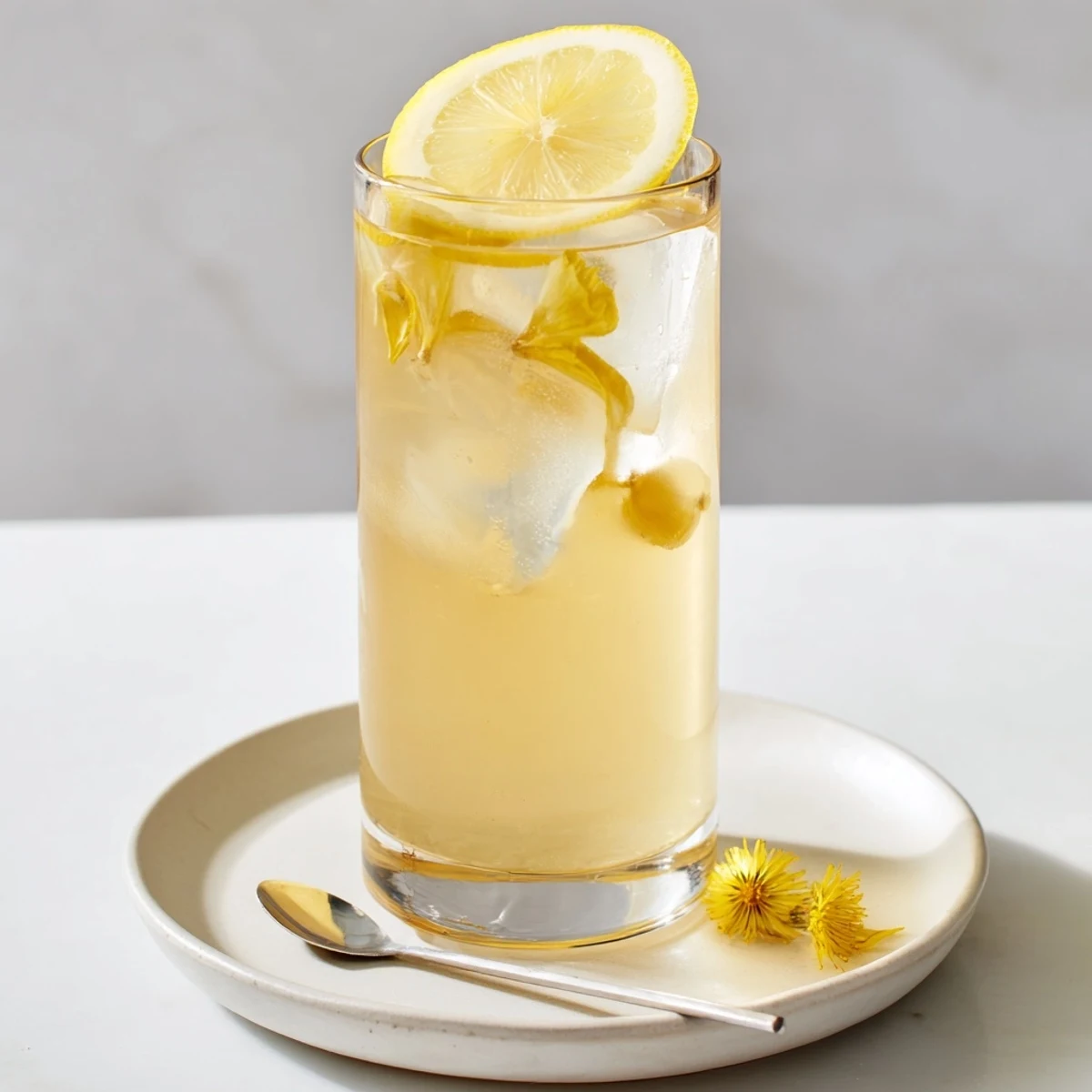 Dandelion Lemonade Recipe chilled in a pitcher with ice and lemon