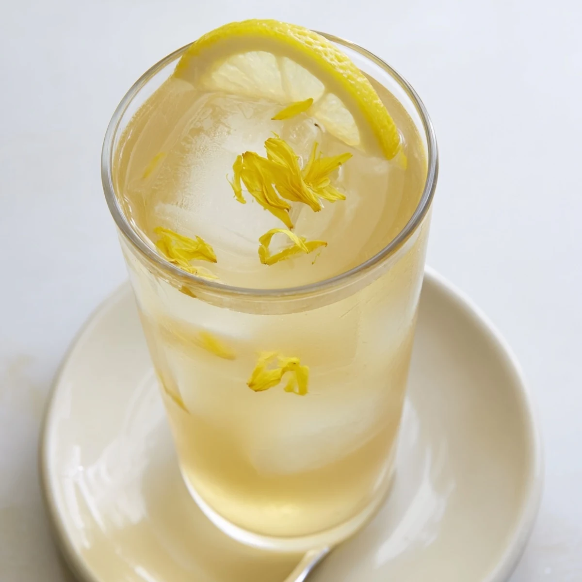Sunlit glass of Dandelion Lemonade Recipe garnished with lemon slice and petals
