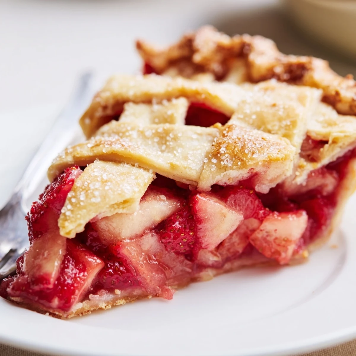 Gluten Free Strawberry Rhubarb Pie with bubbling red filling and flaky crust
