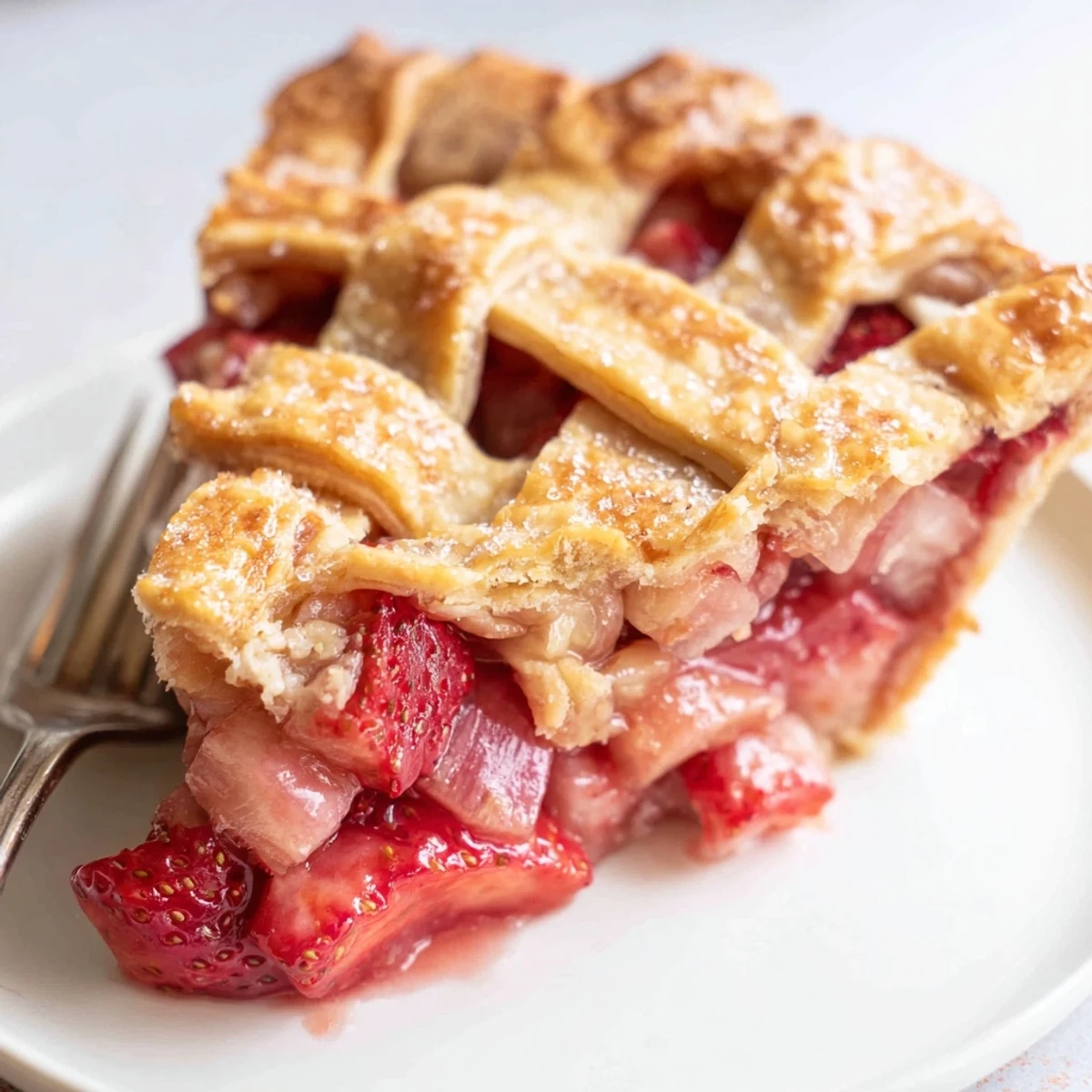 Sliced Gluten Free Strawberry Rhubarb Pie served warm with melting vanilla ice cream