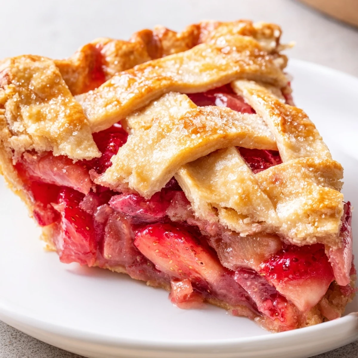 Golden-crusted Gluten Free Strawberry Rhubarb Pie cooling on rack, steam rising