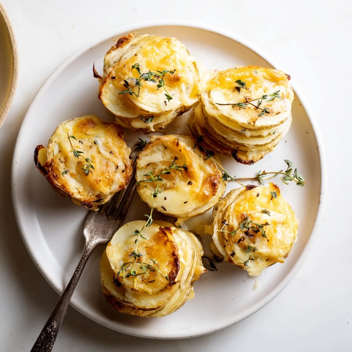 Golden cheese scalloped potato stacks arranged in muffin tins with crispy edges and melted cheddar topping
