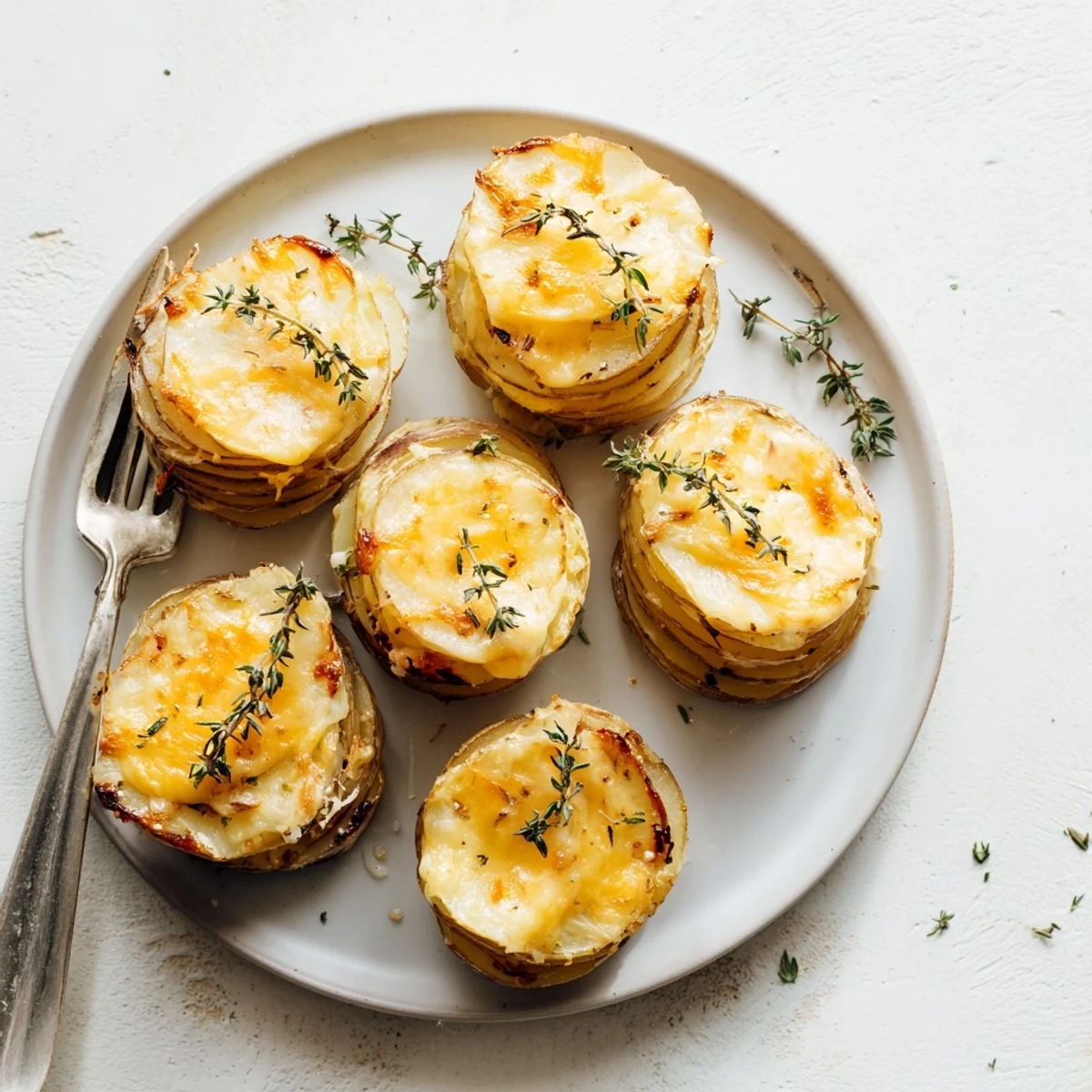 Individual scalloped potato stacks featuring layers of tender potatoes baked in rich creamy cheese sauce until bubbly