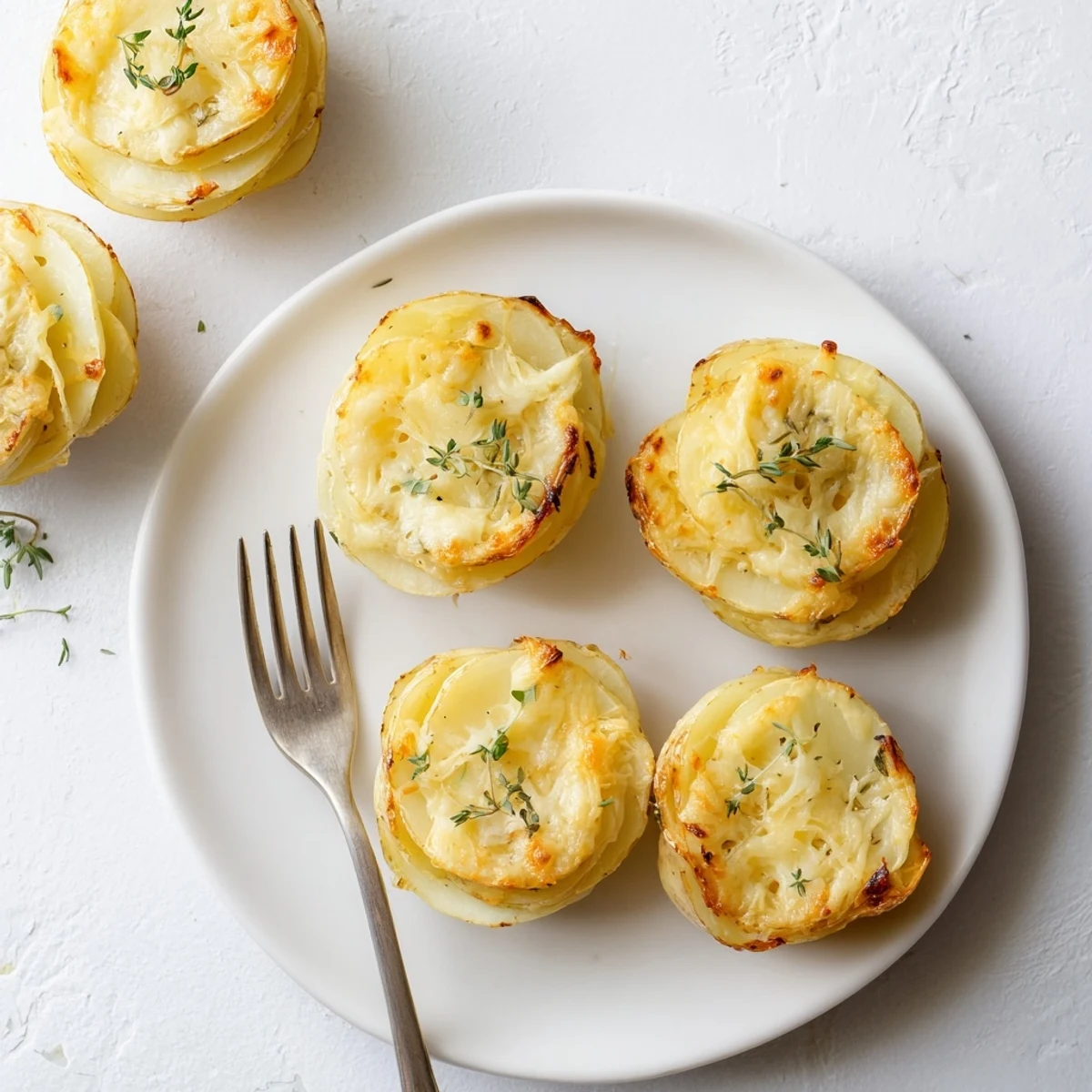 Baked cheese scalloped potato stacks with fresh thyme garnish, showing golden brown cheese and tender potato layers