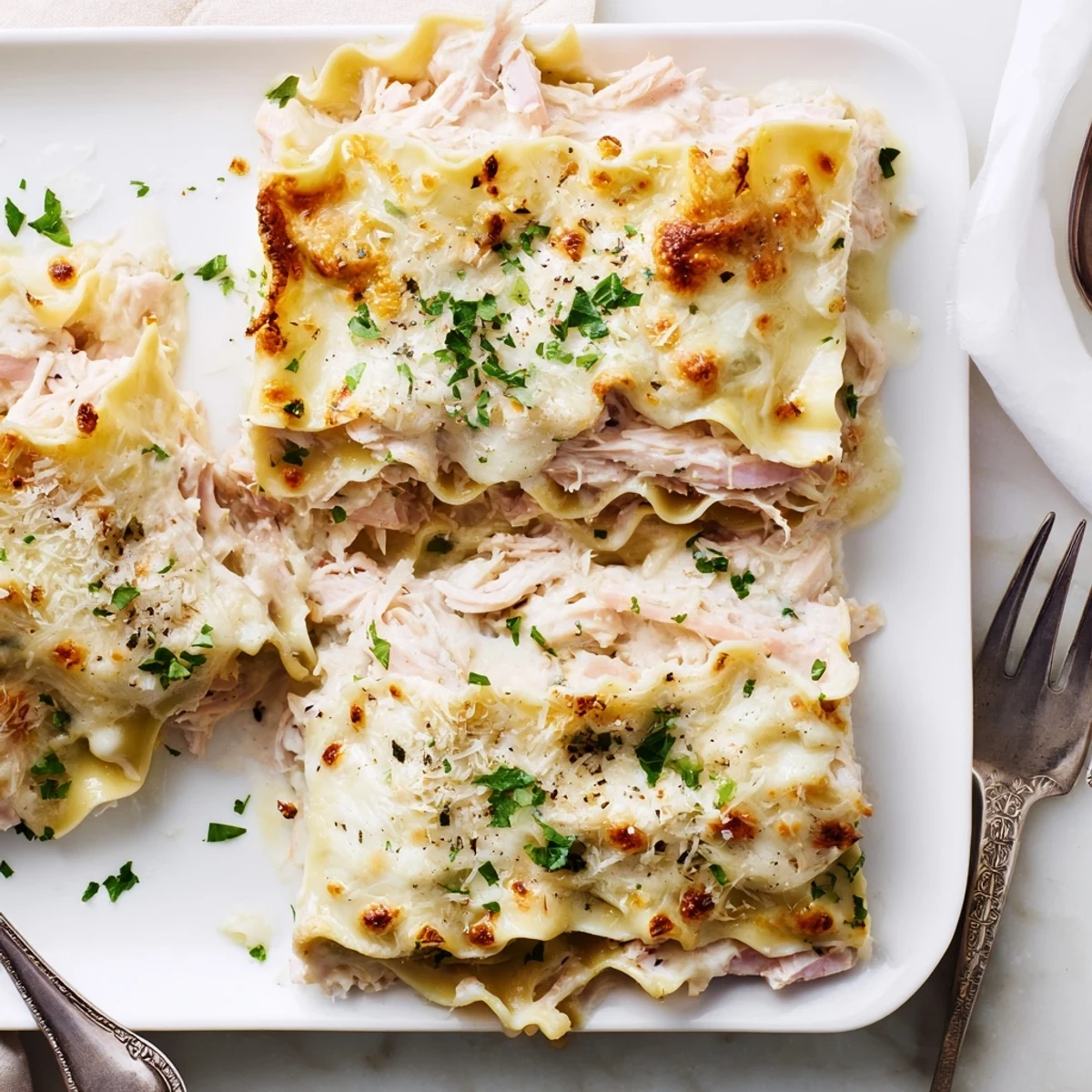 Steam rising from a square of Chicken Cordon Bleu Lasagna showcasing the rich cheesy layers and ham on a white plate