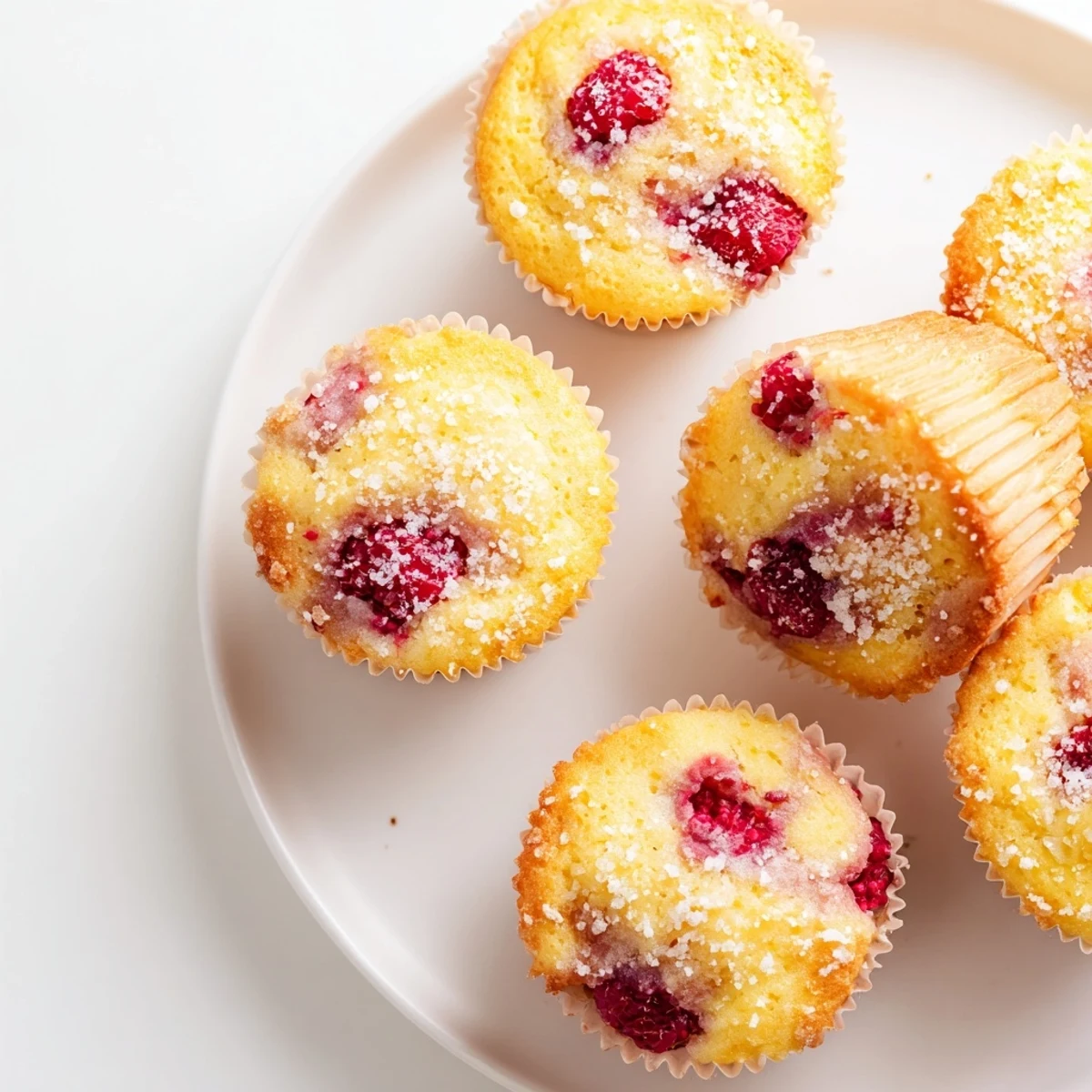 Golden raspberry lemon ricotta muffins topped with coarse sugar, fresh raspberries, and lemon zest nearby on a wooden board