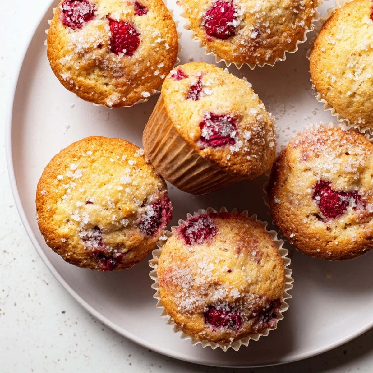 Batch of twelve moist raspberry lemon ricotta muffins with a sugary crumb top and fresh raspberry garnish on a serving platter