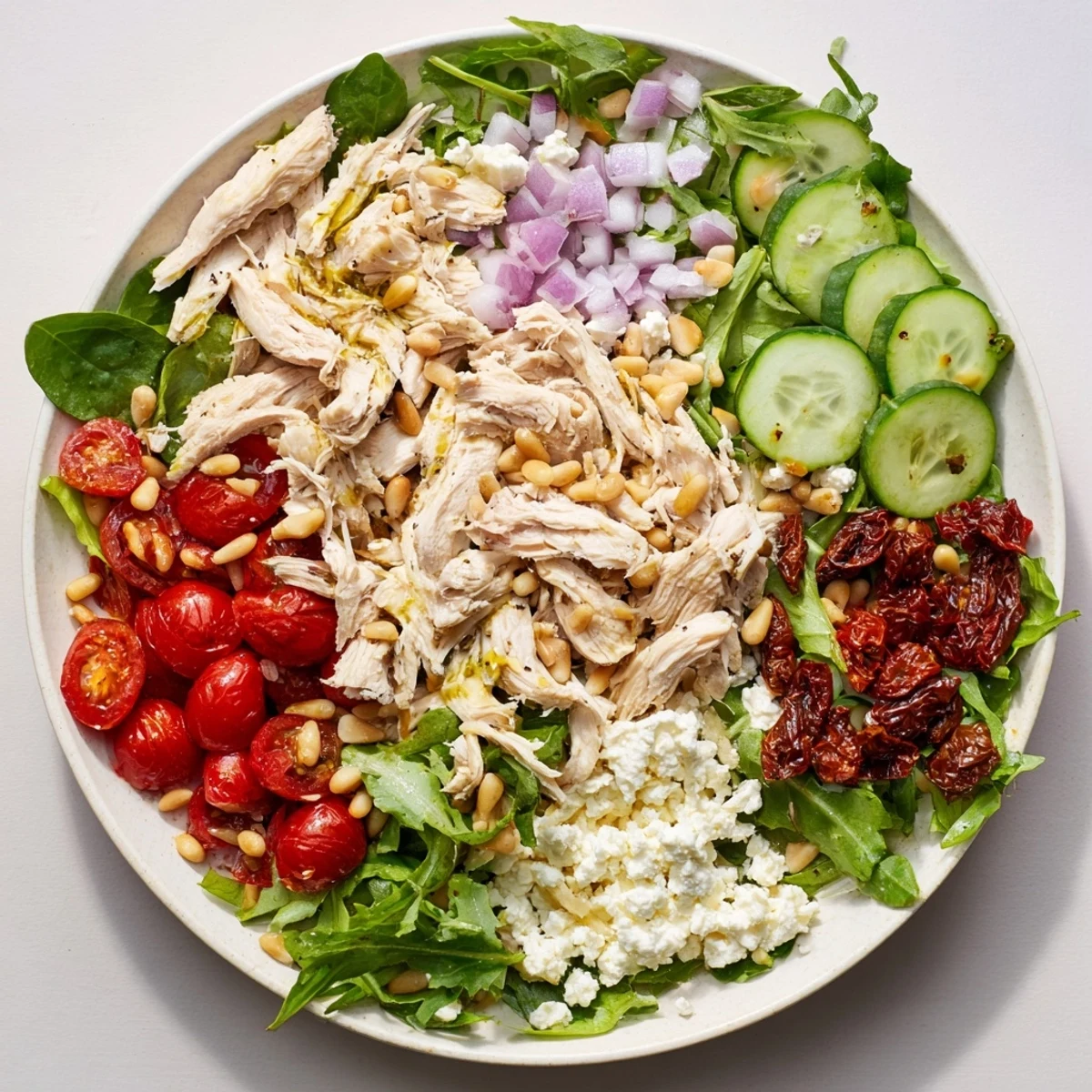 Vibrant sun dried tomato chicken salad featuring shredded chicken, colorful vegetables, and toasted pine nuts for a satisfying lunch