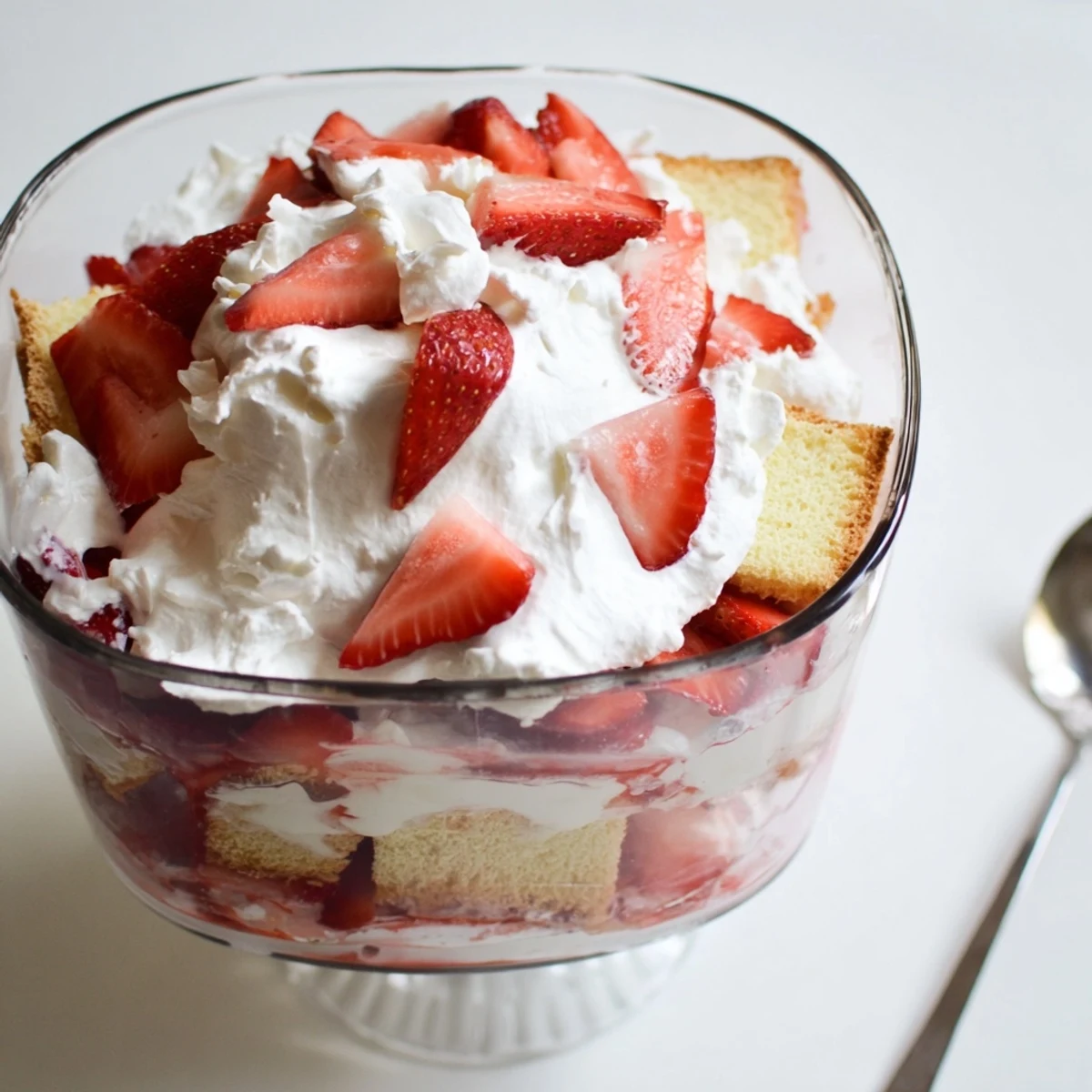 Golden shortcake cubes layered with juicy red strawberries and fluffy whipped cream in clear glasses
