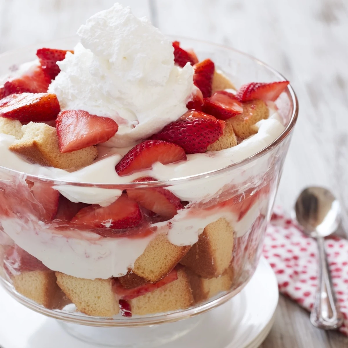 Tender vanilla shortcake pieces topped with macerated fresh strawberries and billowy white cream in individual servings