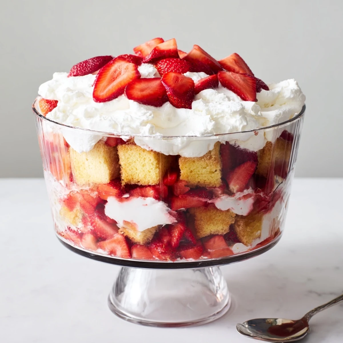 Layered strawberry shortcake trifle showing golden cake, sweet red berry slices, and whipped cream in glass jars