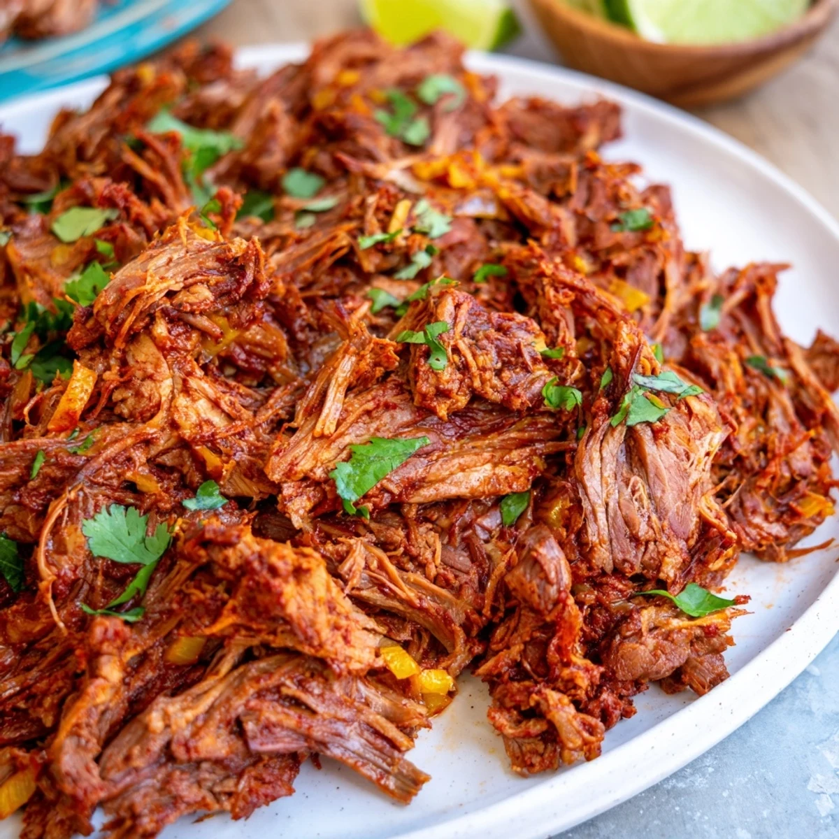 Tender Slow Cooker Beef Barbacoa shredded and piled high with fresh cilantro and diced onions