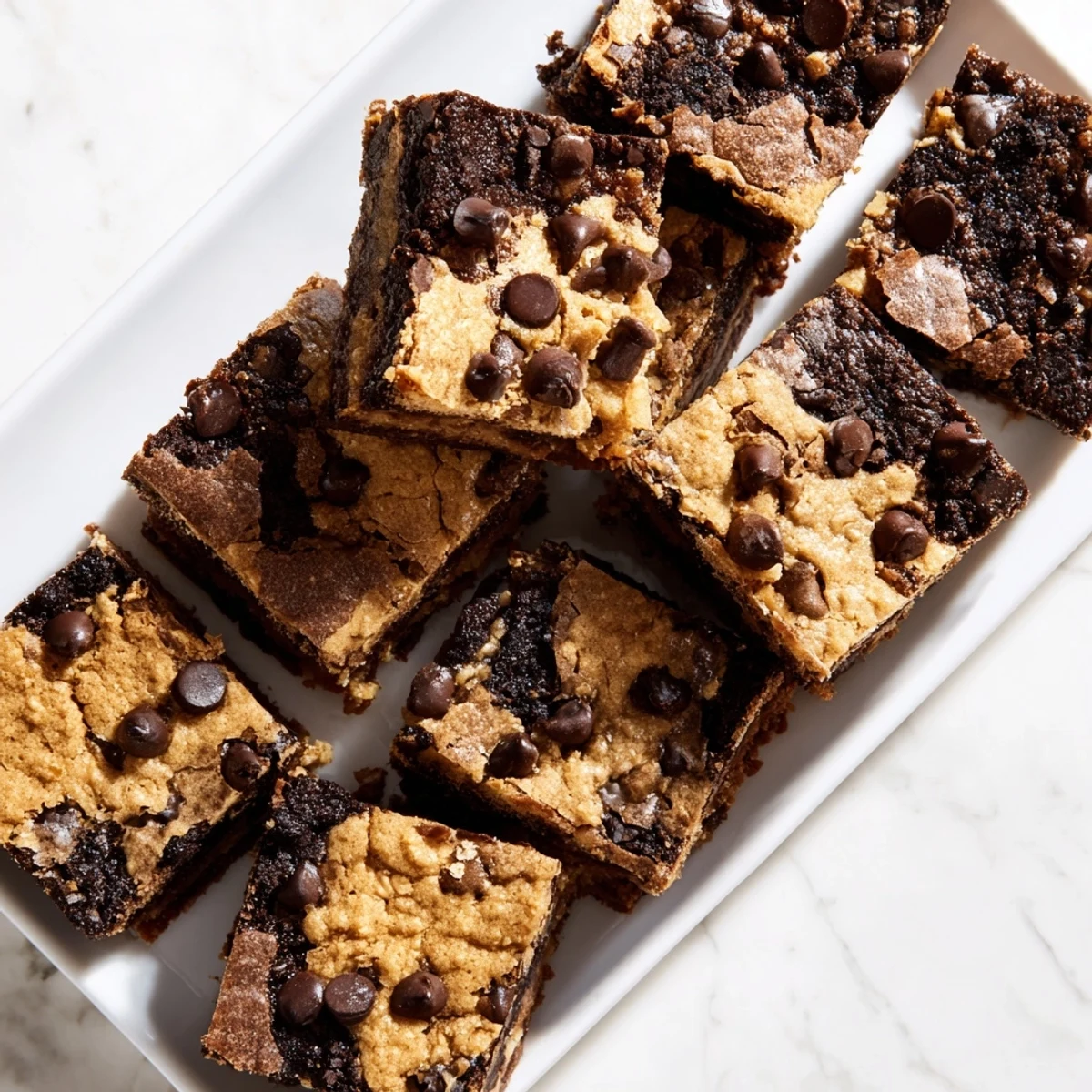 Freshly baked fudgy chewy brookies cut into squares with melty chocolate chips visible