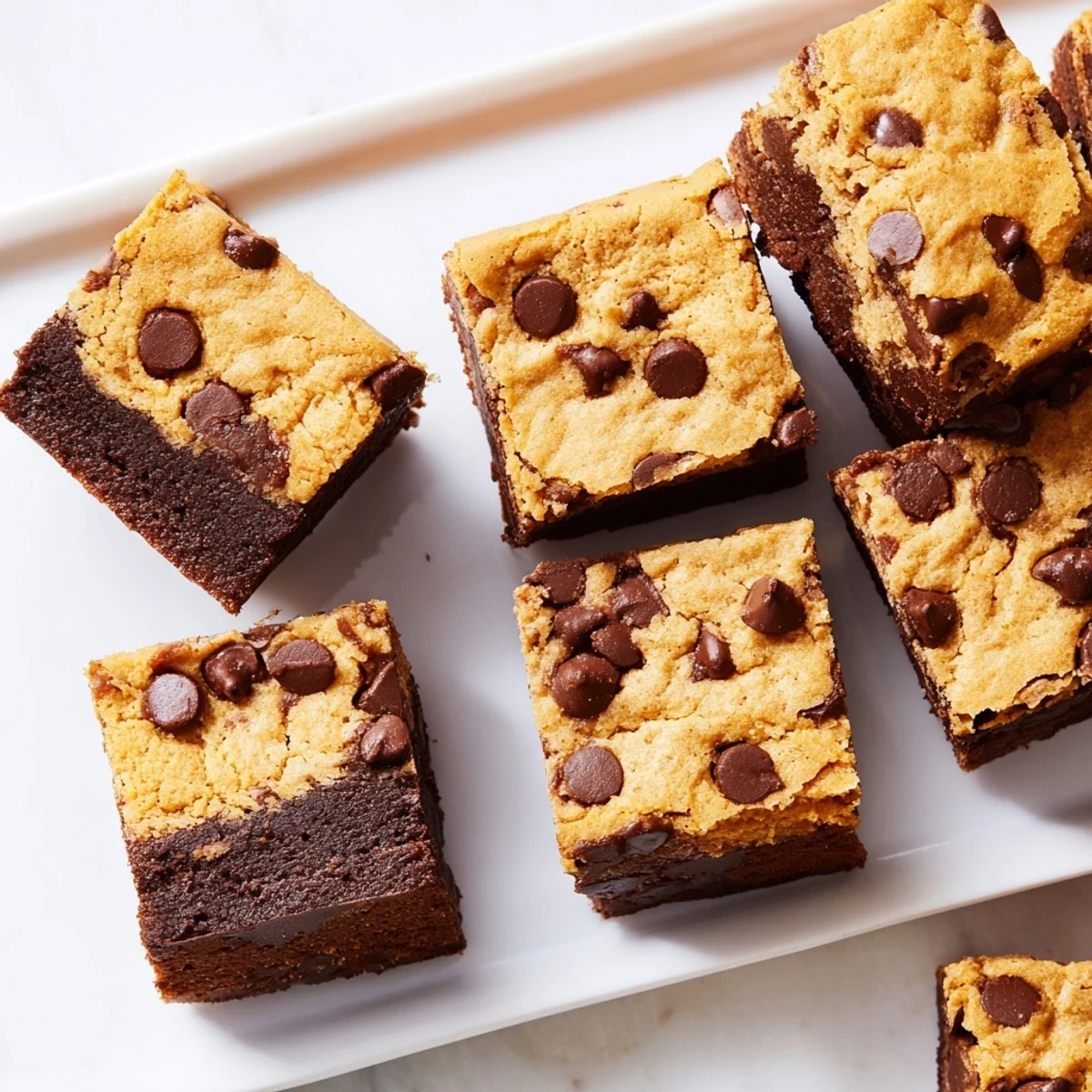 Homemade fudgy chewy brookies cooling in pan with golden cookie topping and dark brownie base