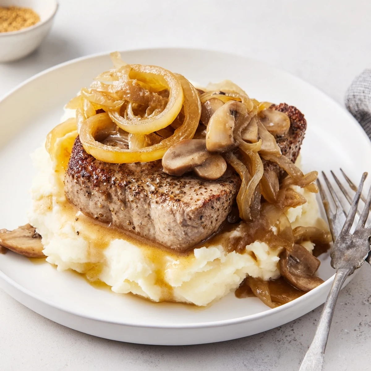 Country Style Smothered Cube Steak Recipe simmering in onion and mushroom gravy