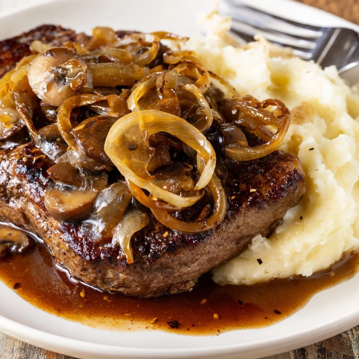 Weeknight braised Country Style Smothered Cube Steak Recipe served with buttery gravy