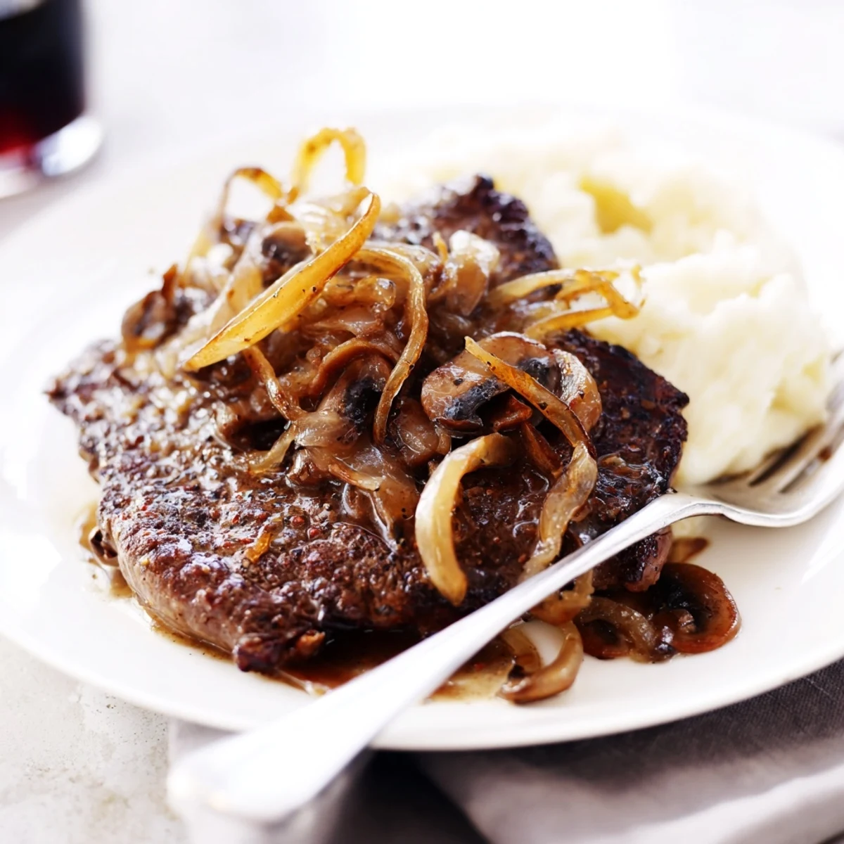 Hearty Country Style Smothered Cube Steak Recipe spooned over creamy mashed potatoes