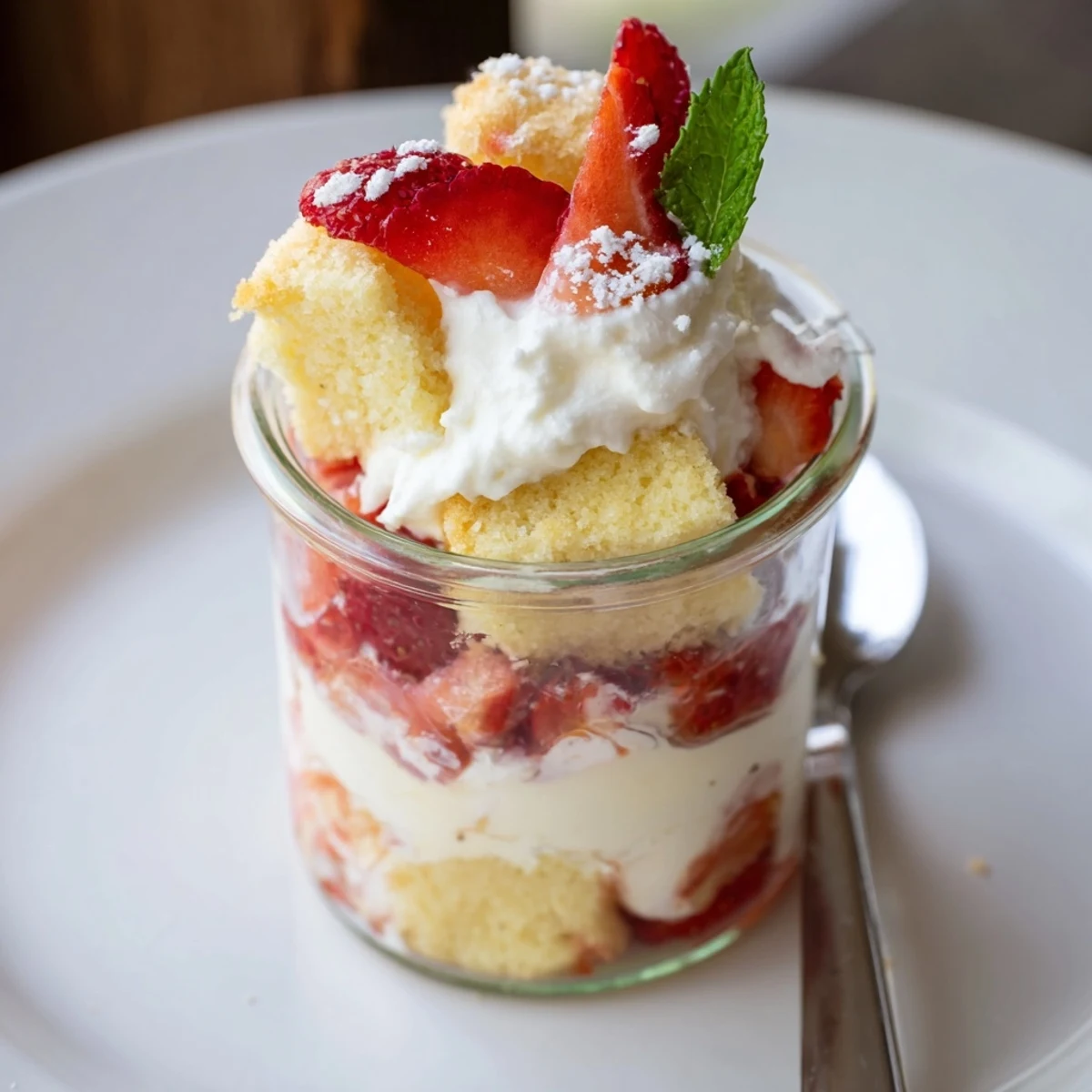 Strawberry Shortcake Trifles layered in glasses, juicy strawberries and fluffy cream