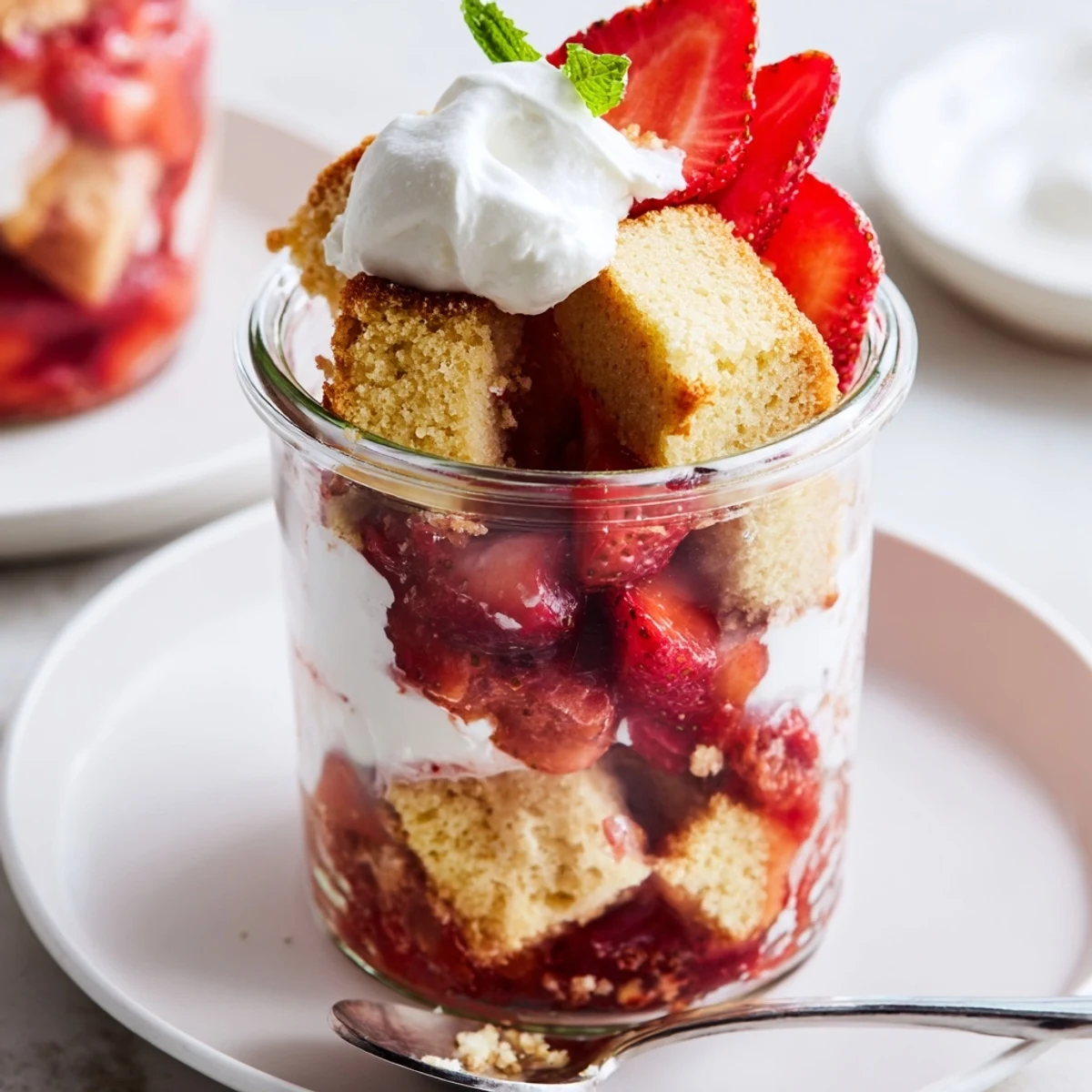 Individual Strawberry Shortcake Trifles with tender shortcake pieces and macerated strawberries