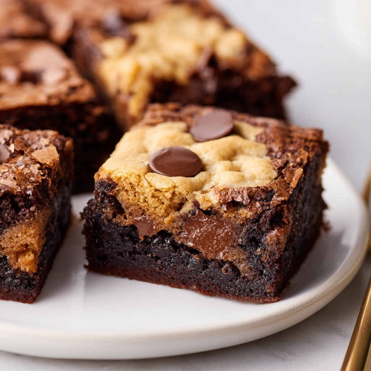 Warm Fudgy Chewy Brookies Recipe cooling on parchment, chocolate chips glistening.