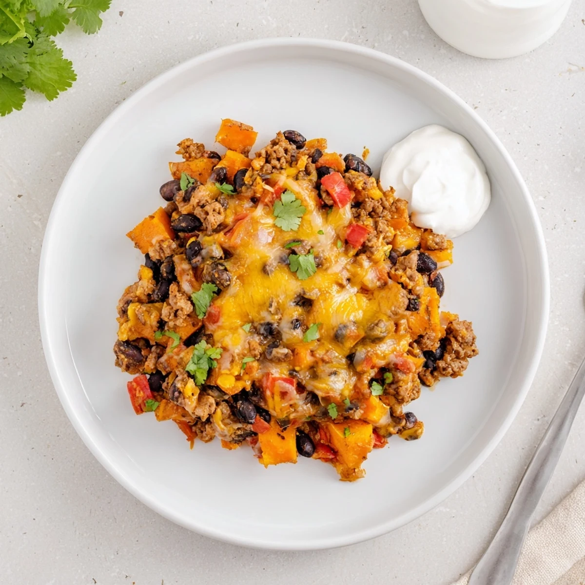 Golden bubbling sweet potato turkey black bean bake topped with melted cheese and cilantro